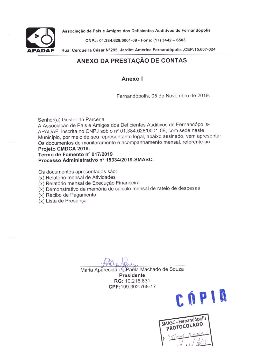 Página 1 de Prestação de Contas Mensal — Projeto CMDCA — 3ª Parcela — Novembro/2019