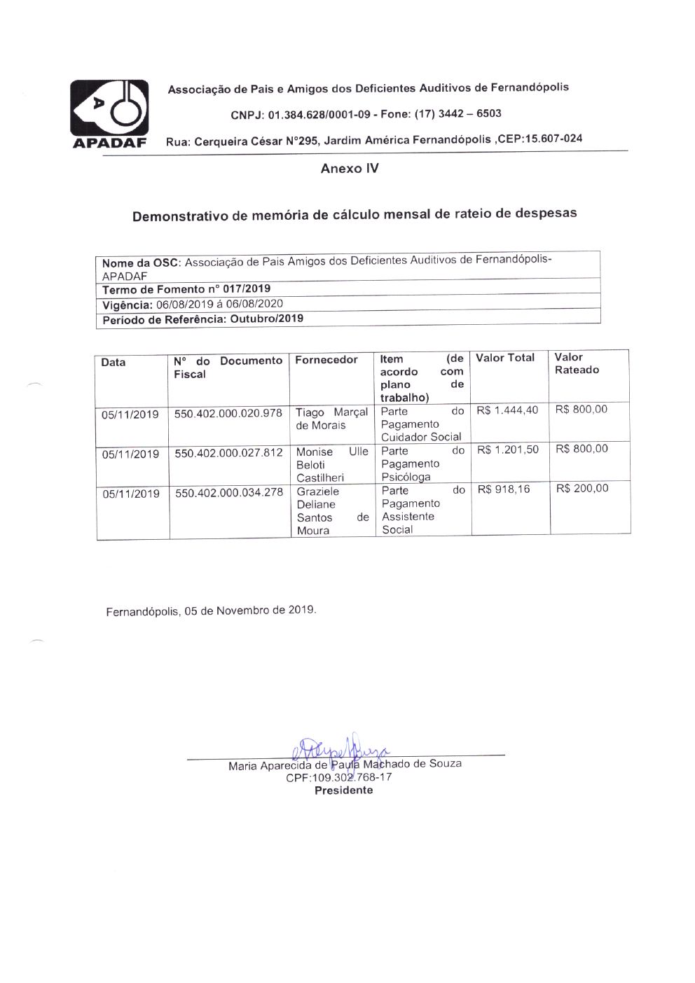 Página 2 de Prestação de Contas Mensal — Projeto CMDCA — 3ª Parcela — Novembro/2019