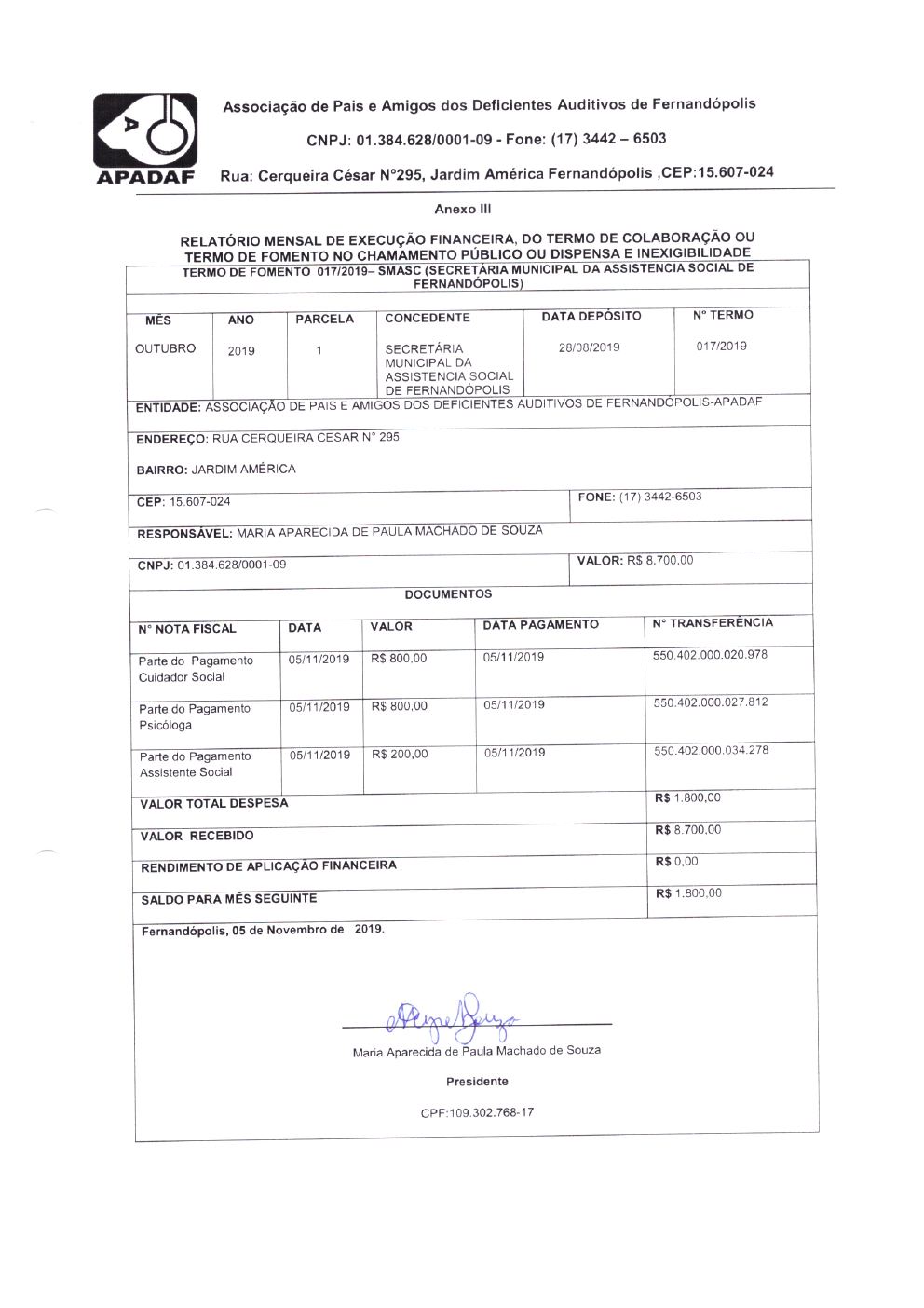 Página 3 de Prestação de Contas Mensal — Projeto CMDCA — 3ª Parcela — Novembro/2019
