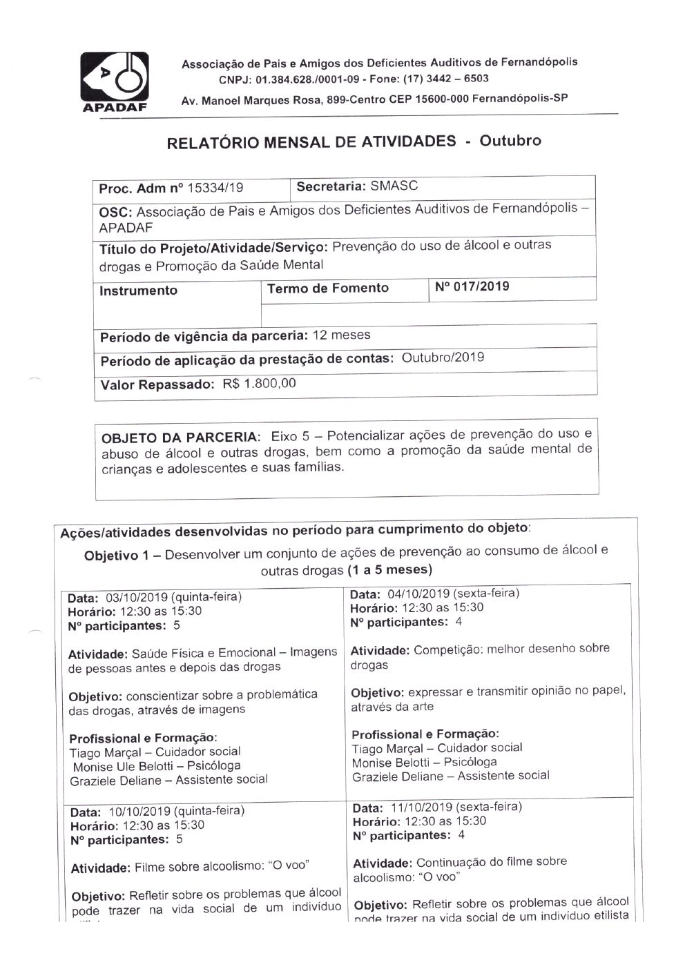 Página 4 de Prestação de Contas Mensal — Projeto CMDCA — 3ª Parcela — Novembro/2019
