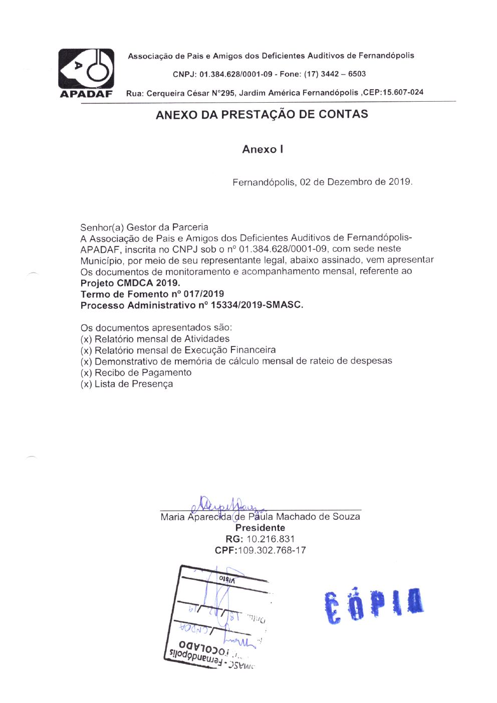 Página 1 de Prestação de Contas Mensal — Projeto CMDCA — 4ª Parcela — Dezembro/2019