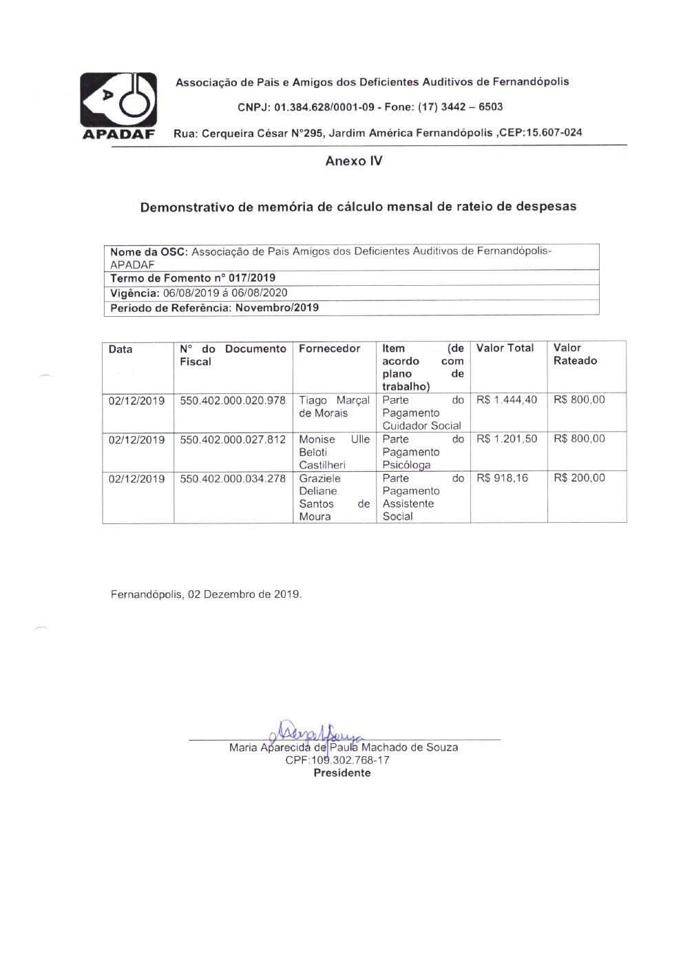 Página 2 de Prestação de Contas Mensal — Projeto CMDCA — 4ª Parcela — Dezembro/2019