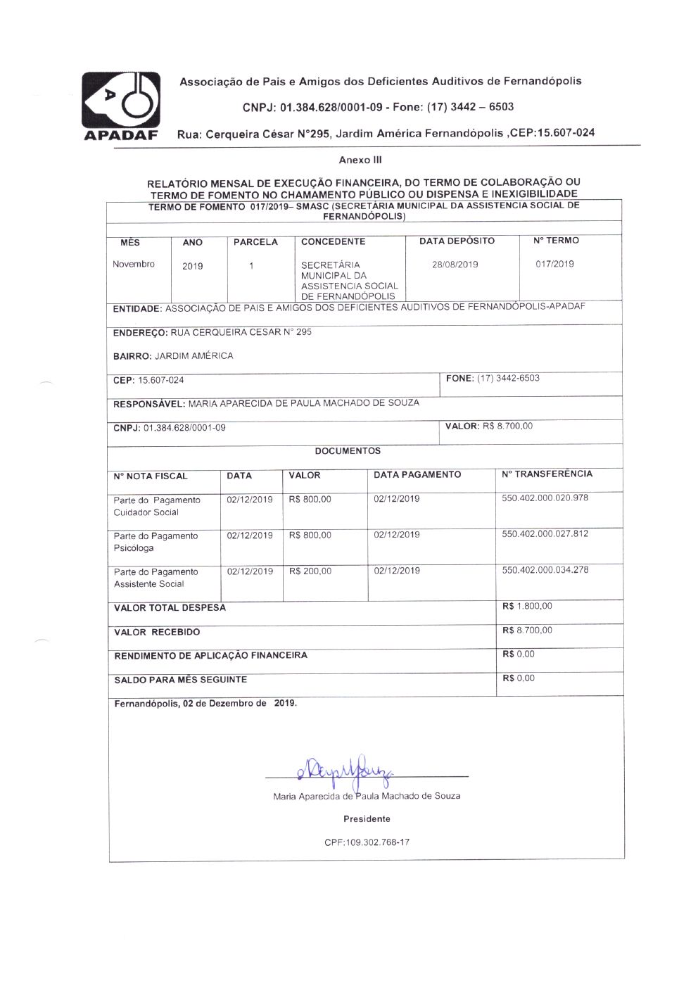 Página 3 de Prestação de Contas Mensal — Projeto CMDCA — 4ª Parcela — Dezembro/2019