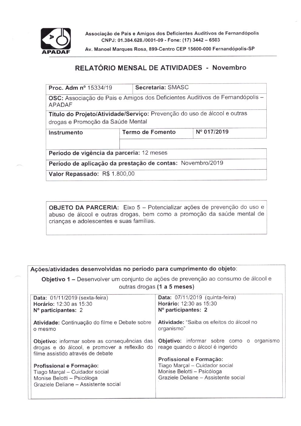 Página 4 de Prestação de Contas Mensal — Projeto CMDCA — 4ª Parcela — Dezembro/2019