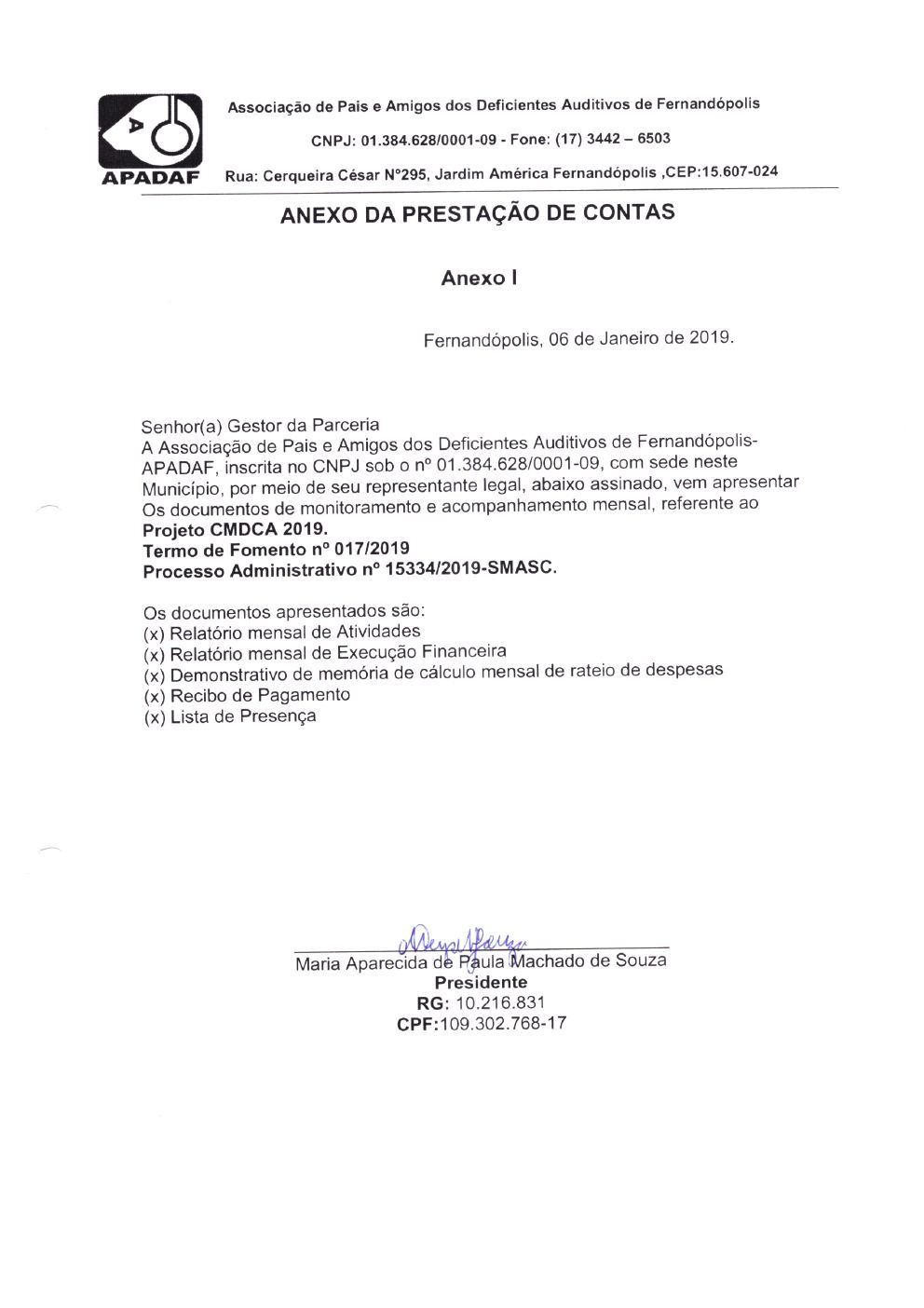 Página 1 de Prestação de Contas Mensal — Projeto CMDCA — 5ª Parcela — Janeiro/2020