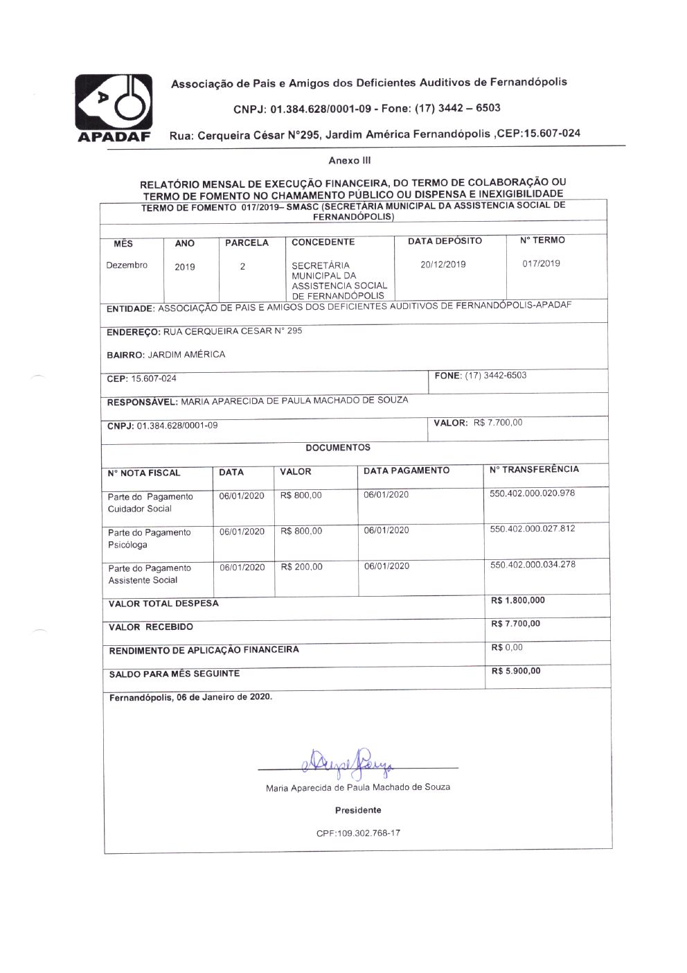 Página 2 de Prestação de Contas Mensal — Projeto CMDCA — 5ª Parcela — Janeiro/2020
