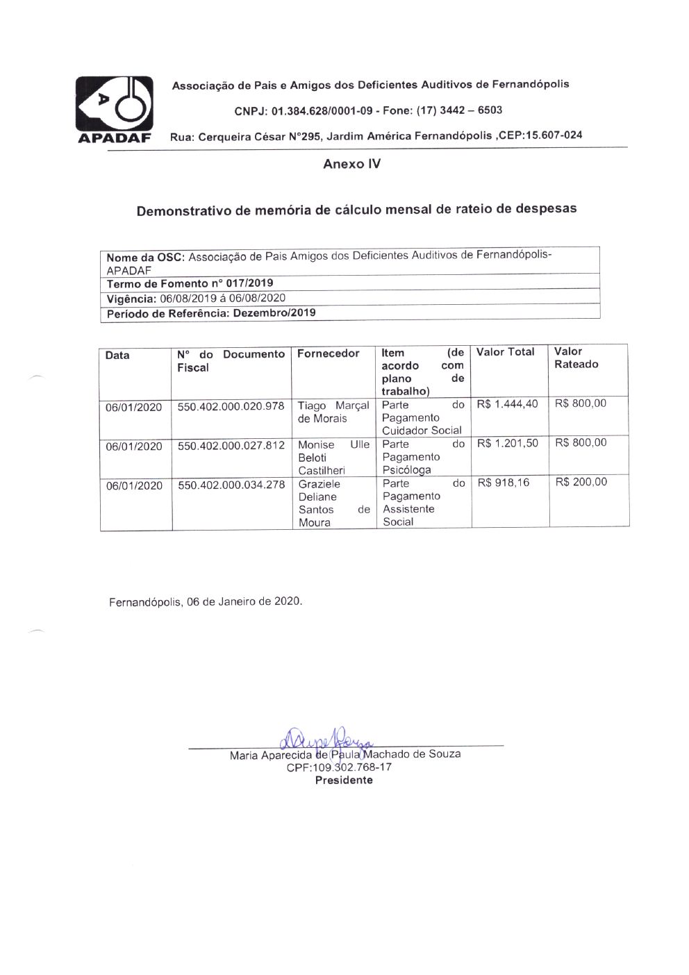 Página 3 de Prestação de Contas Mensal — Projeto CMDCA — 5ª Parcela — Janeiro/2020