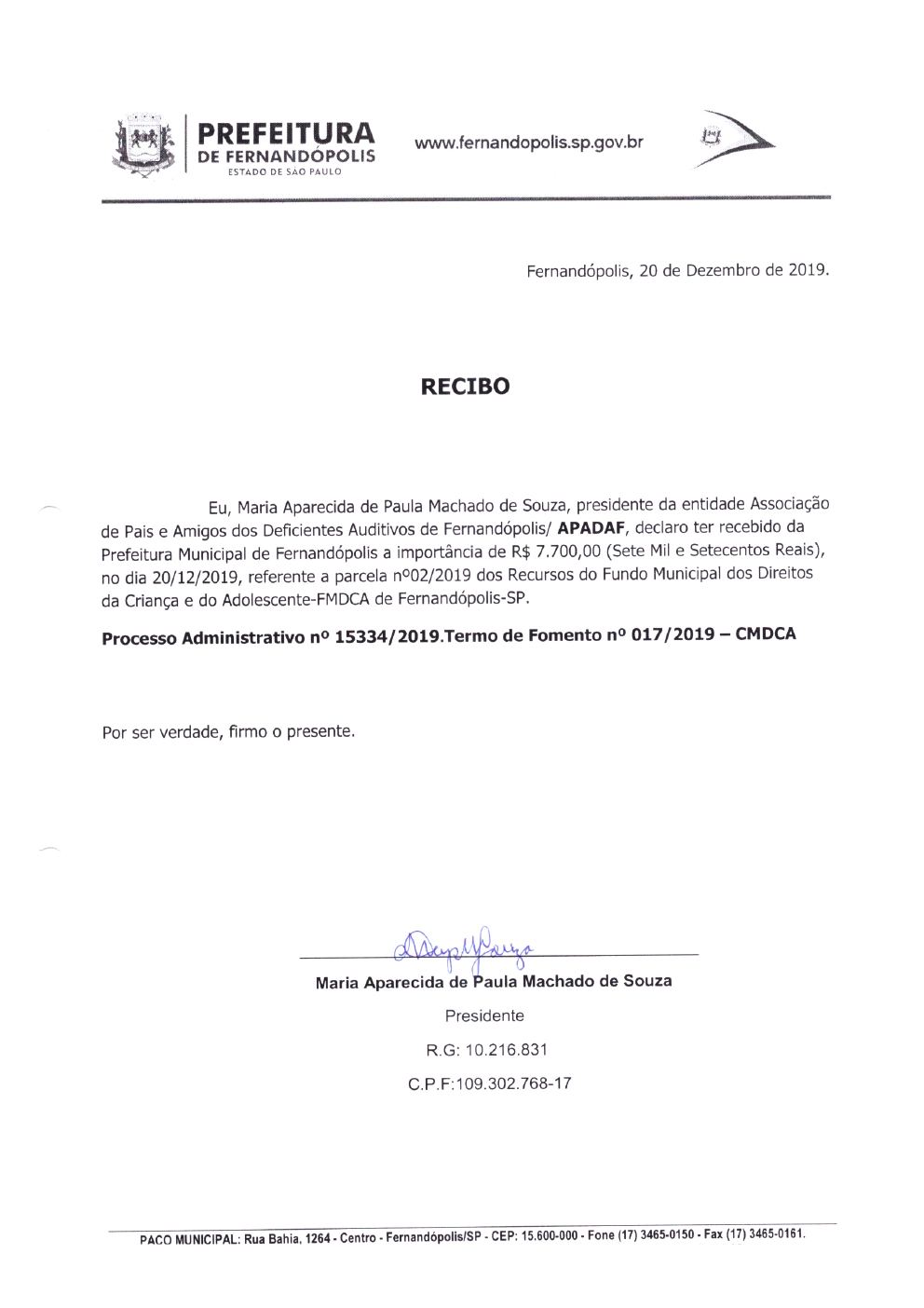 Página 4 de Prestação de Contas Mensal — Projeto CMDCA — 5ª Parcela — Janeiro/2020