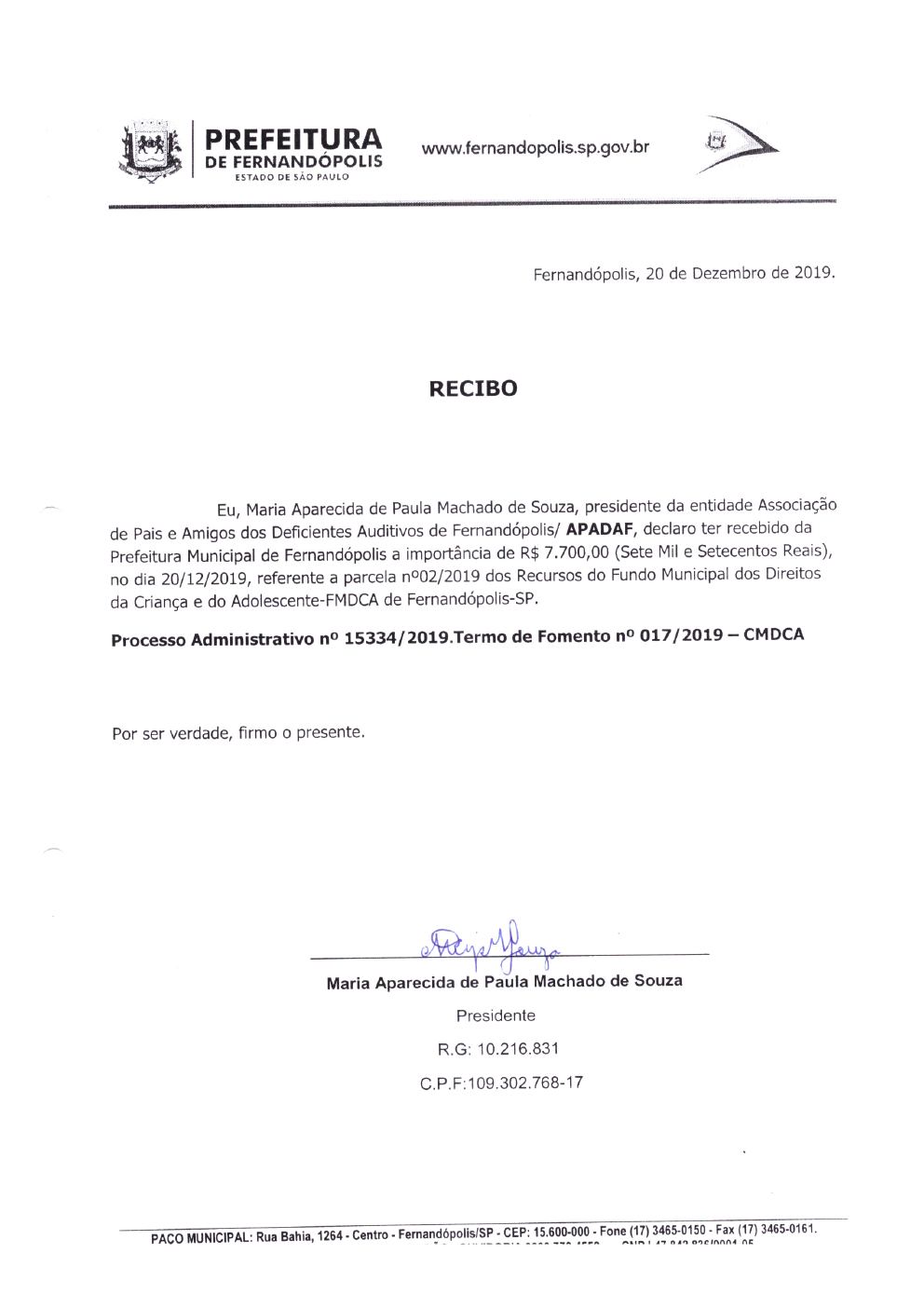 Página 5 de Prestação de Contas Mensal — Projeto CMDCA — 5ª Parcela — Janeiro/2020