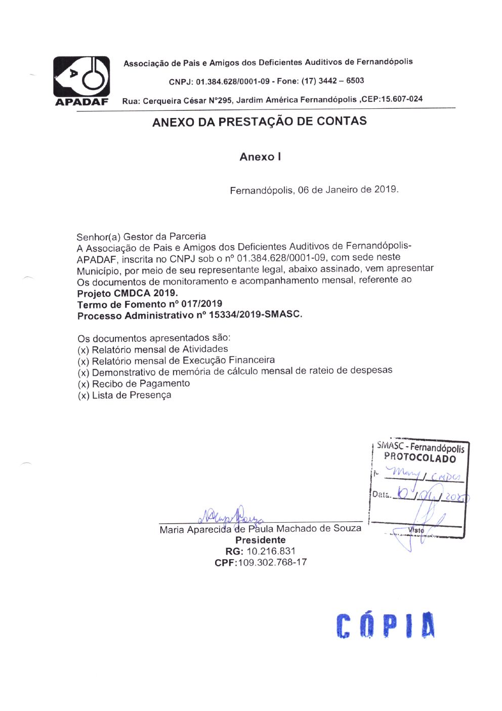 Página 6 de Prestação de Contas Mensal — Projeto CMDCA — 5ª Parcela — Janeiro/2020