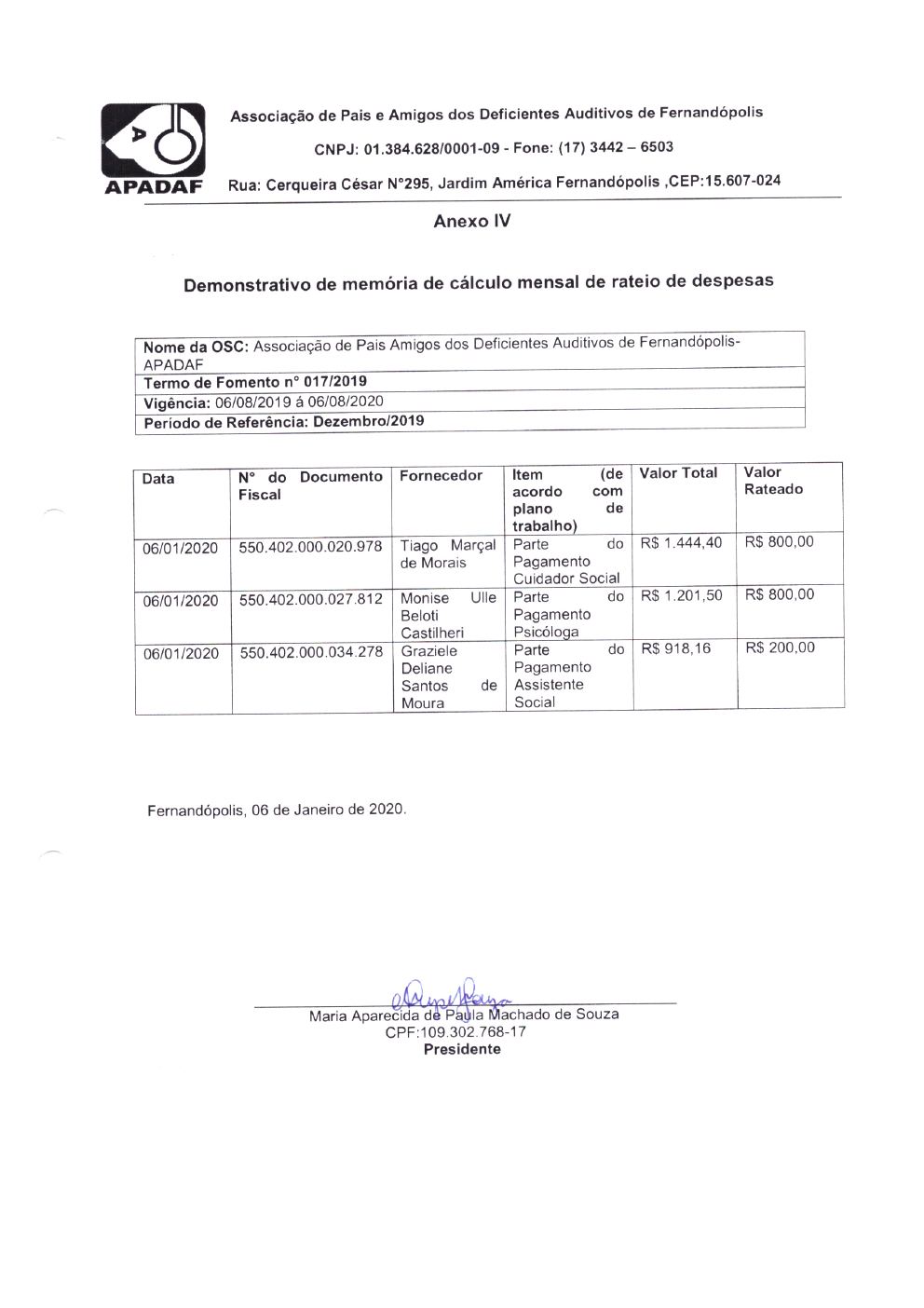 Página 7 de Prestação de Contas Mensal — Projeto CMDCA — 5ª Parcela — Janeiro/2020