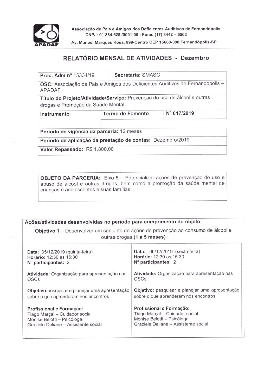 Página 10 de Prestação de Contas Mensal — Projeto CMDCA — 5ª Parcela — Janeiro/2020
