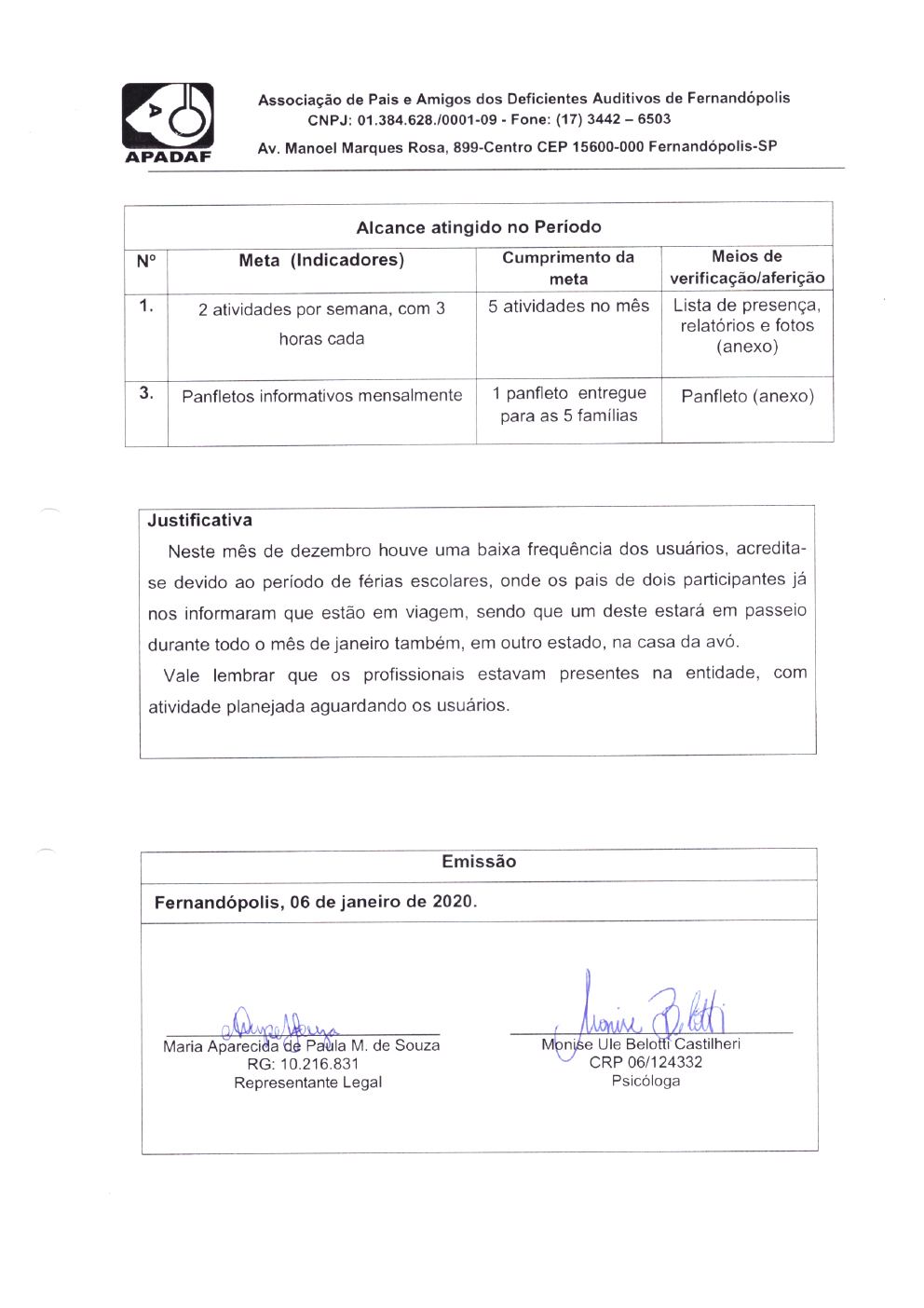Página 12 de Prestação de Contas Mensal — Projeto CMDCA — 5ª Parcela — Janeiro/2020