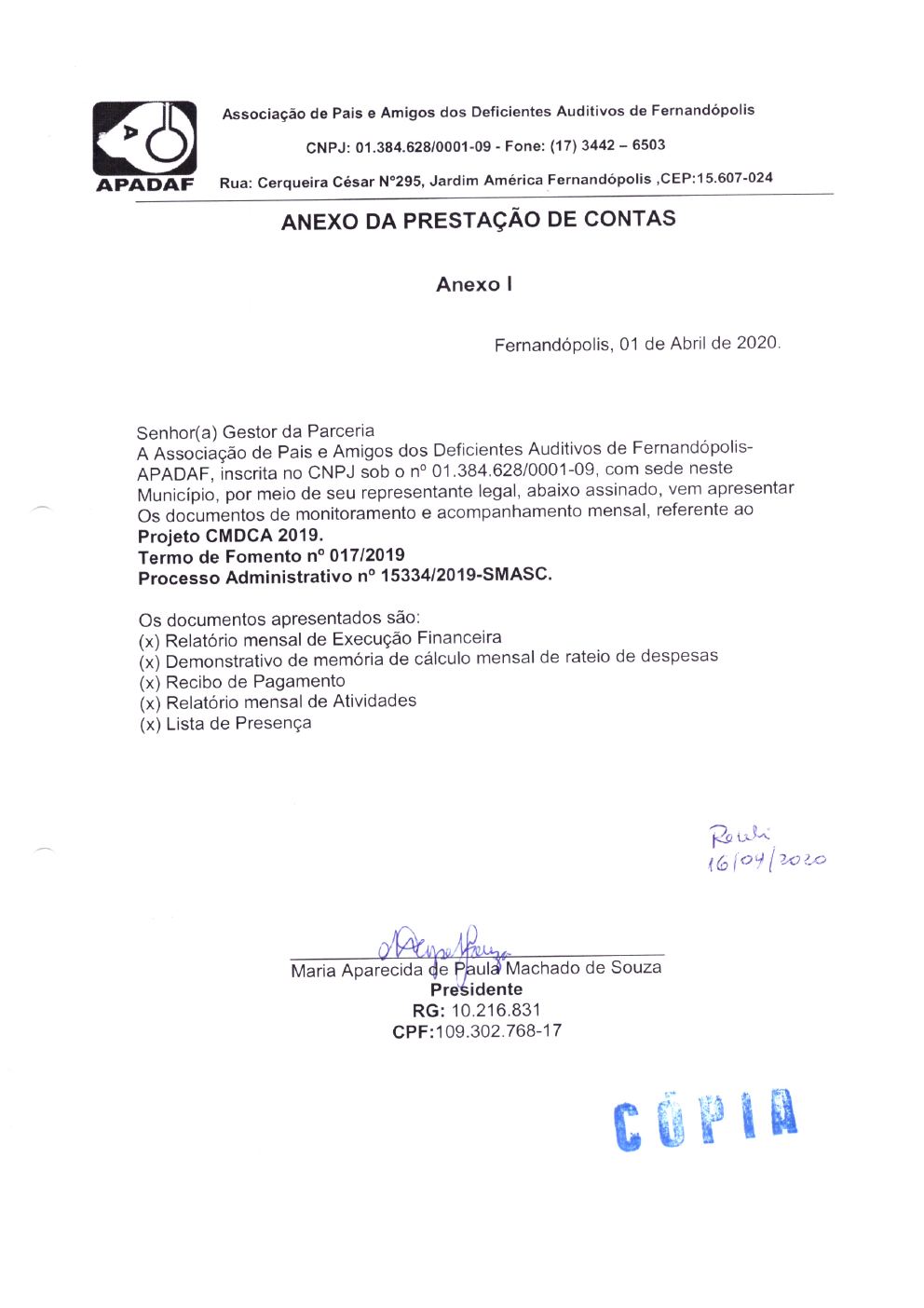 Página 1 de Prestação de Contas Mensal — Projeto CMDCA — 8ª Parcela — Abril/2020