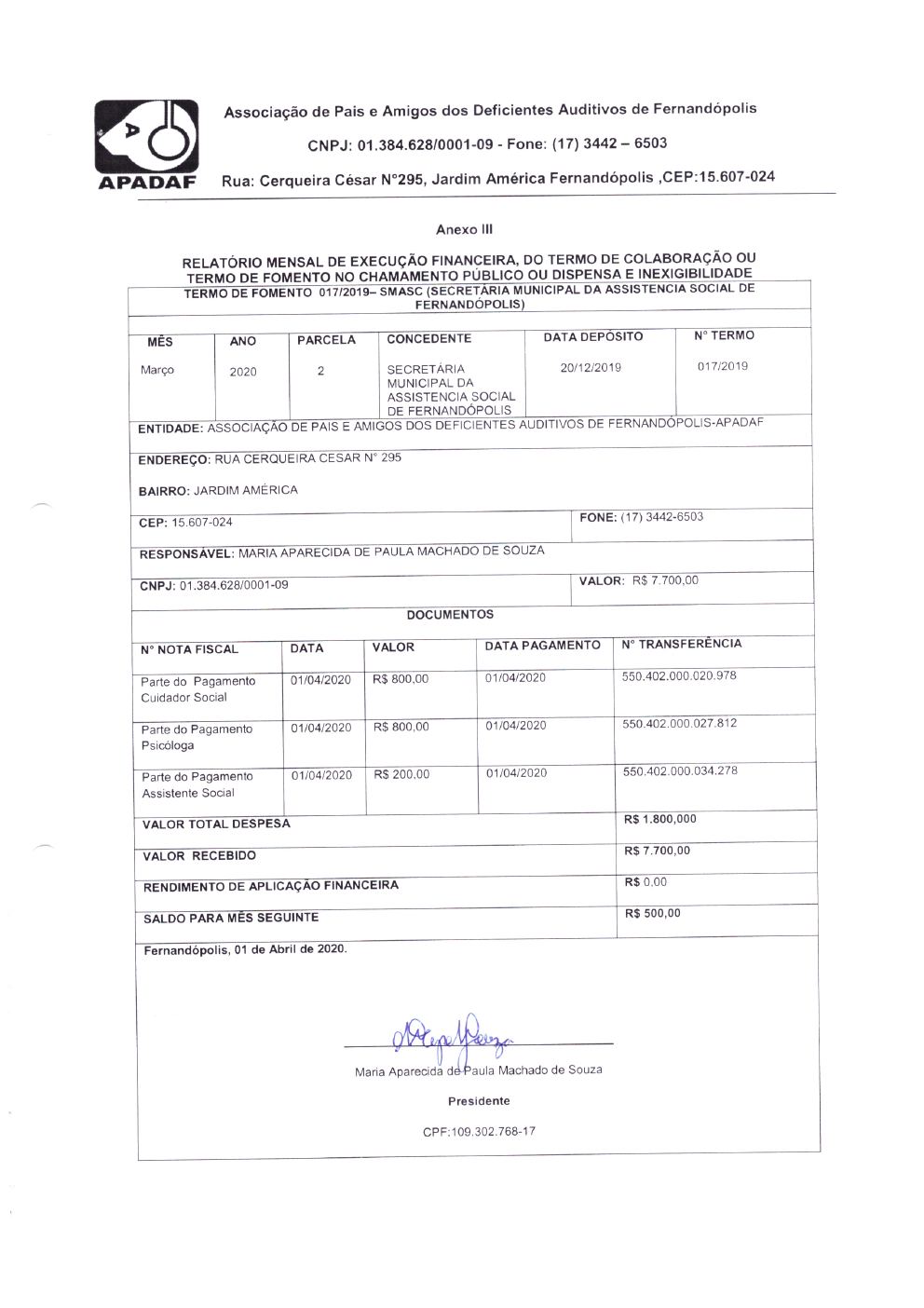 Página 2 de Prestação de Contas Mensal — Projeto CMDCA — 8ª Parcela — Abril/2020