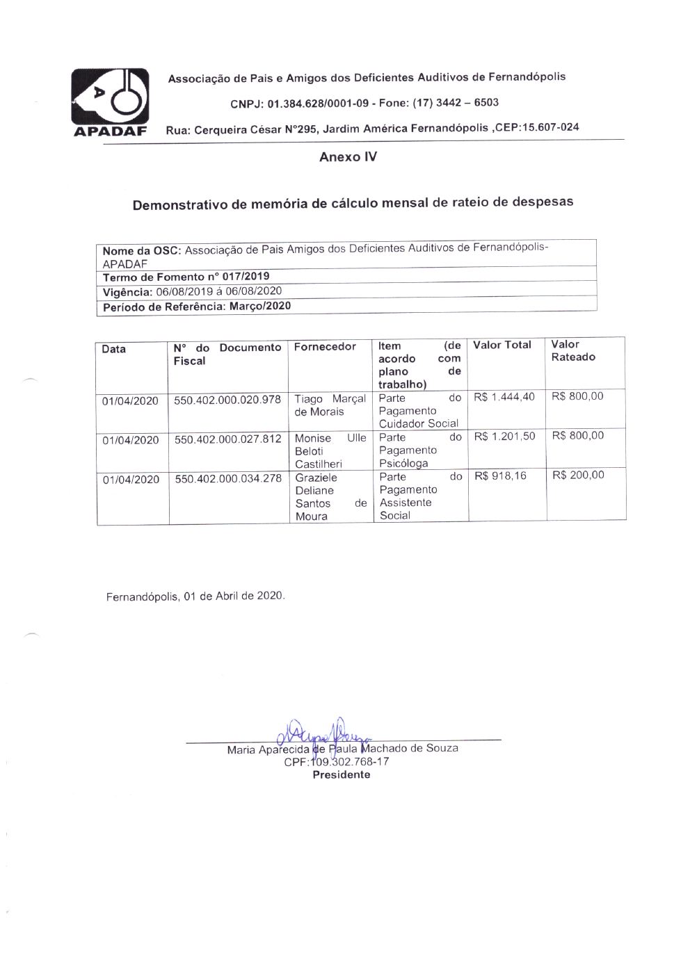 Página 3 de Prestação de Contas Mensal — Projeto CMDCA — 8ª Parcela — Abril/2020