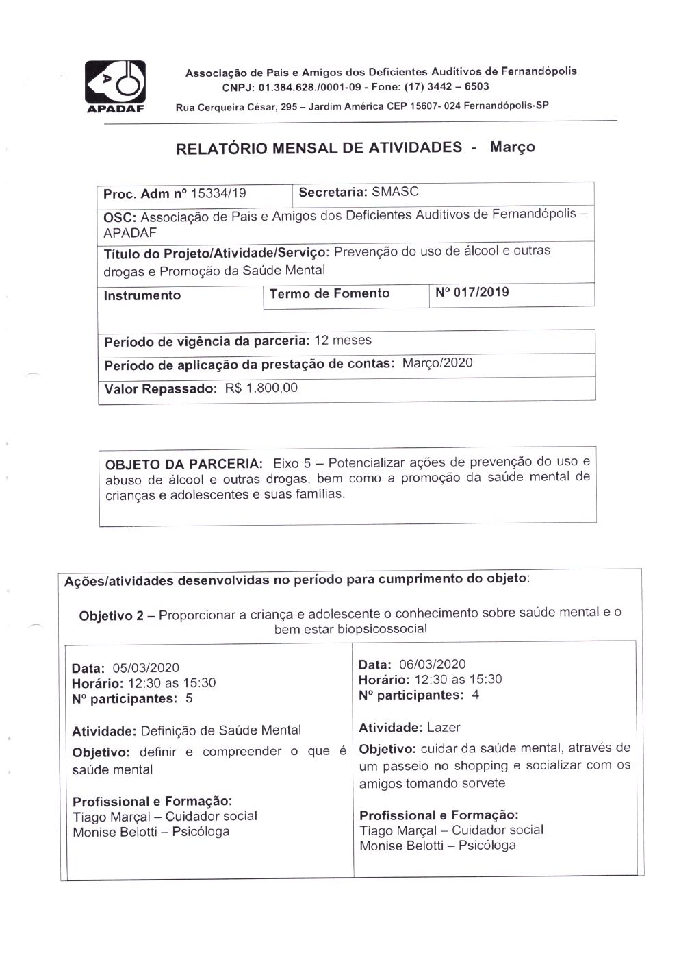 Página 4 de Prestação de Contas Mensal — Projeto CMDCA — 8ª Parcela — Abril/2020