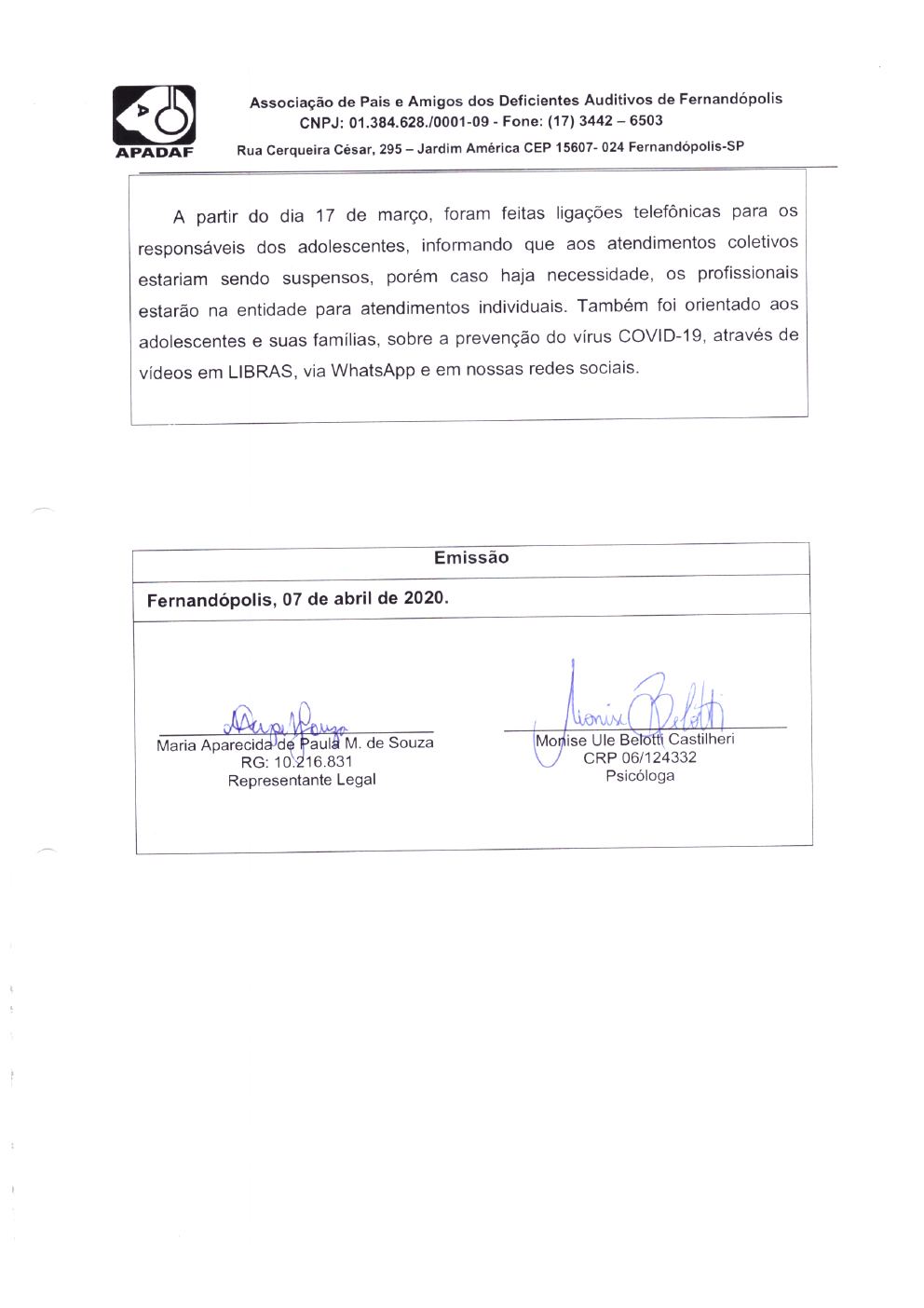 Página 6 de Prestação de Contas Mensal — Projeto CMDCA — 8ª Parcela — Abril/2020