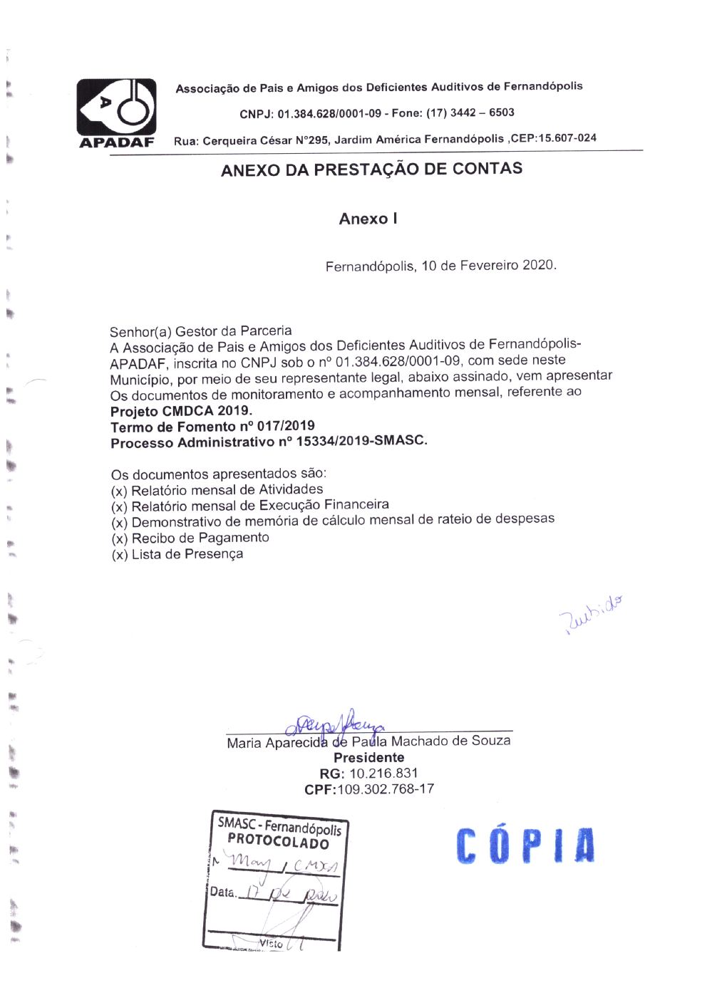 Página 1 de Prestação de Contas Mensal — Projeto CMDCA — 6ª Parcela — Fevereiro/2020