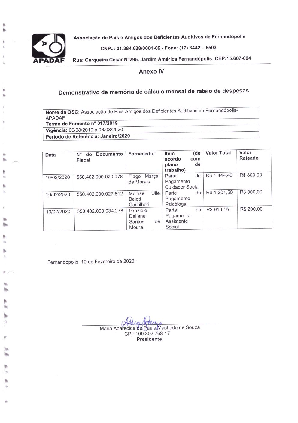 Página 2 de Prestação de Contas Mensal — Projeto CMDCA — 6ª Parcela — Fevereiro/2020