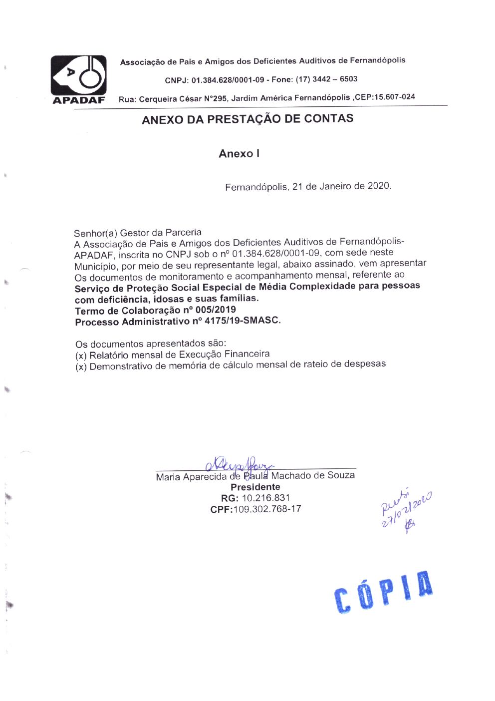 Página 1 de Prestação de Contas — Saldo Remanescente de 2019 — Média Complexidade — Janeiro/2020