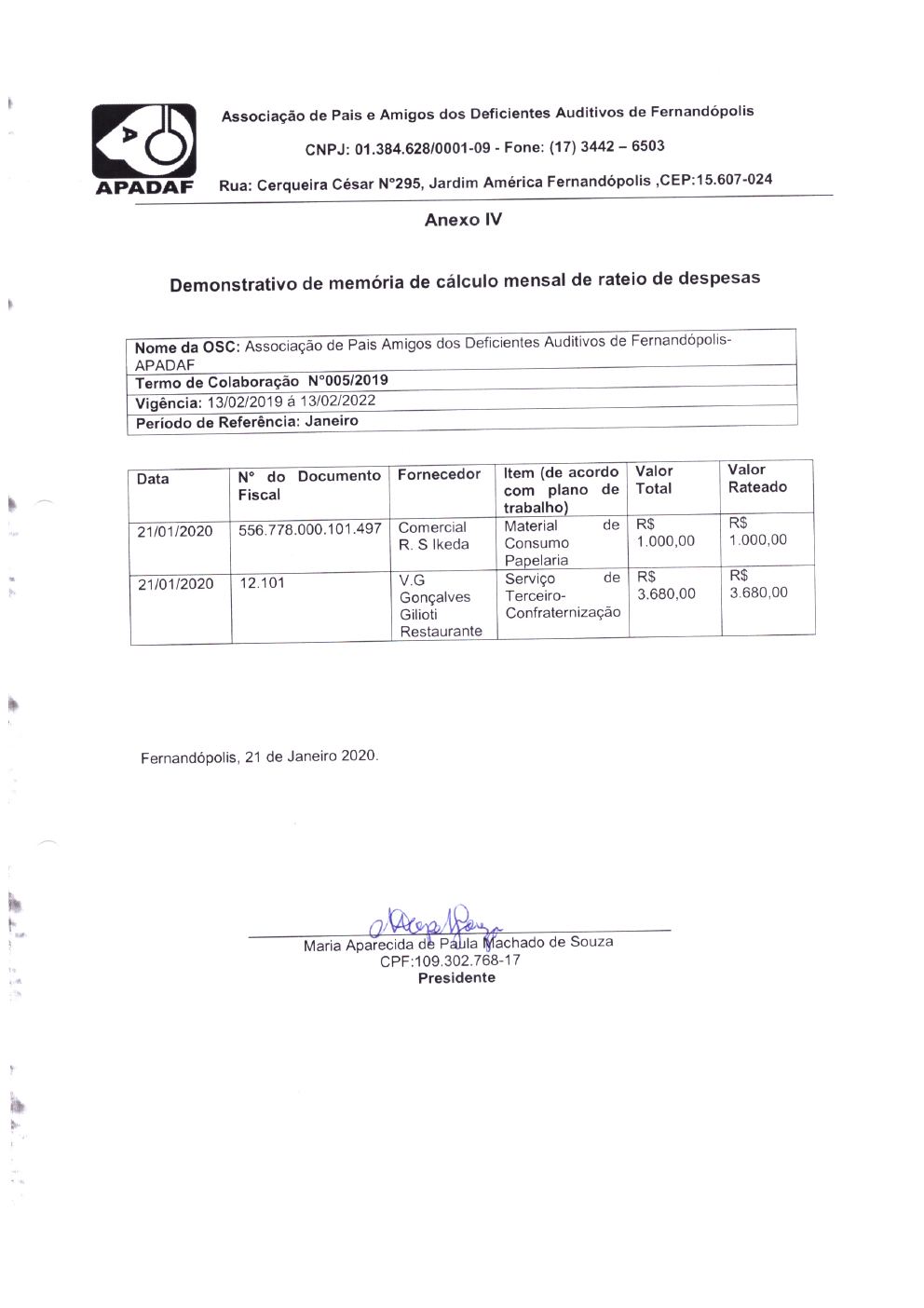 Página 2 de Prestação de Contas — Saldo Remanescente de 2019 — Média Complexidade — Janeiro/2020