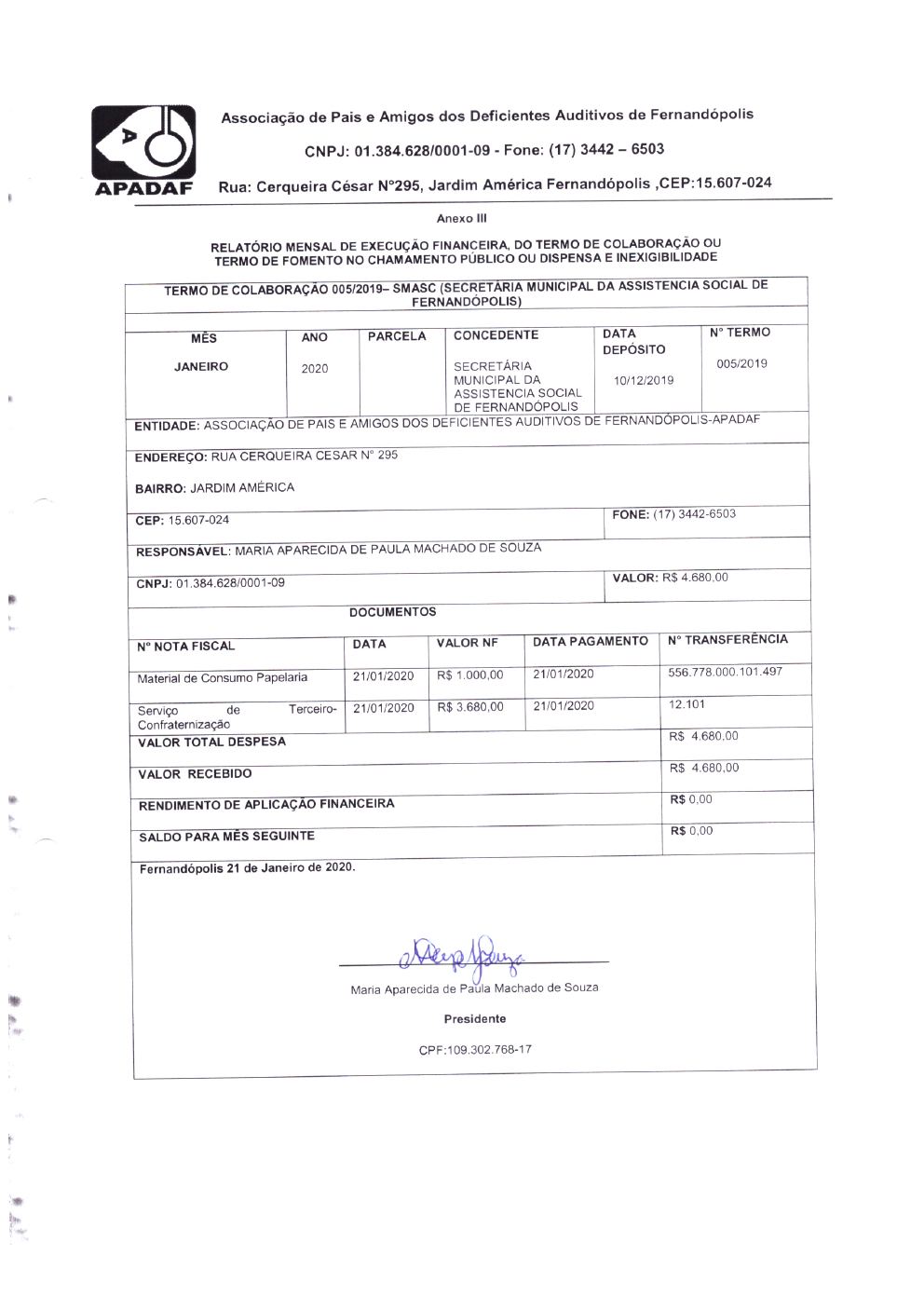 Página 3 de Prestação de Contas — Saldo Remanescente de 2019 — Média Complexidade — Janeiro/2020