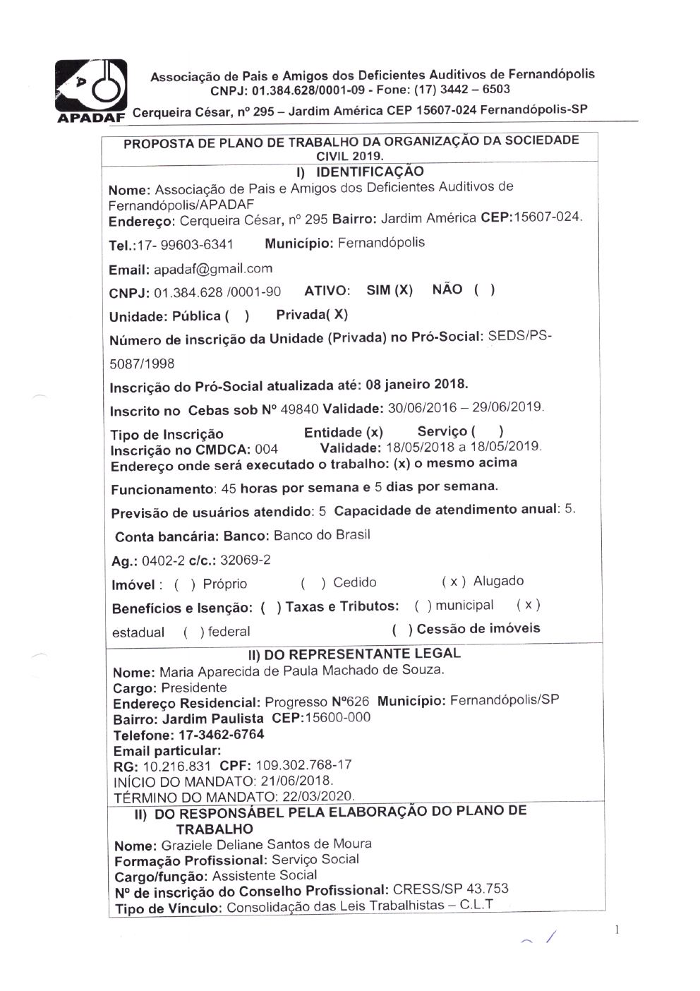Página 1 de Plano de Trabalho — Projeto CMDCA — 2019