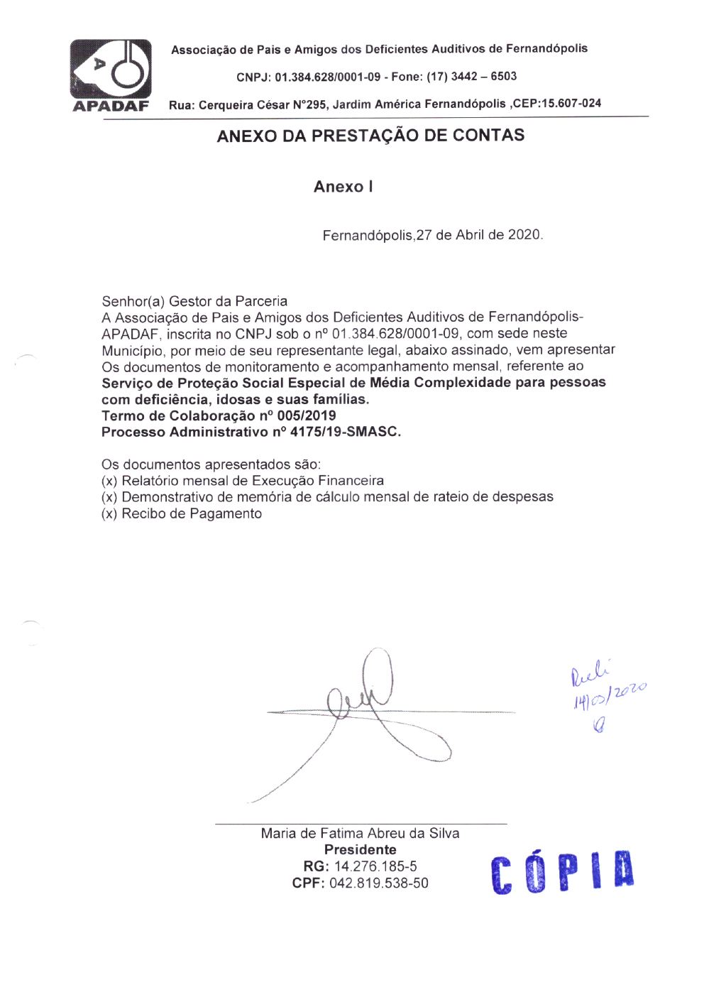 Página 1 de Prestação de Contas Mensal — Média Complexidade — 4ª Parcela — Abril/2020