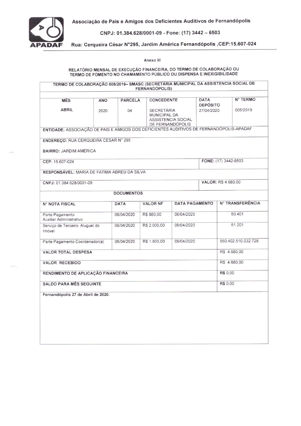 Página 2 de Prestação de Contas Mensal — Média Complexidade — 4ª Parcela — Abril/2020
