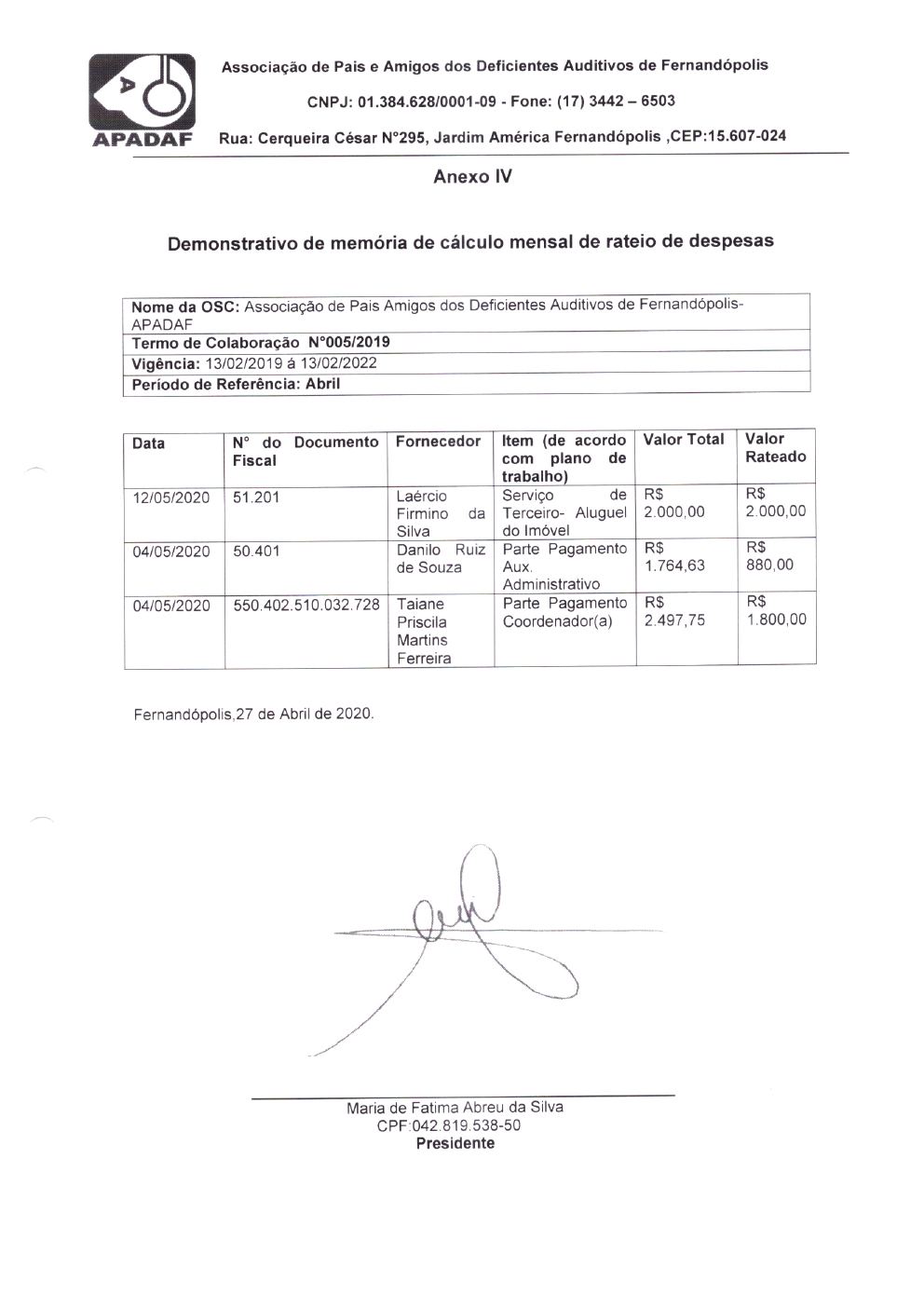 Página 4 de Prestação de Contas Mensal — Média Complexidade — 4ª Parcela — Abril/2020