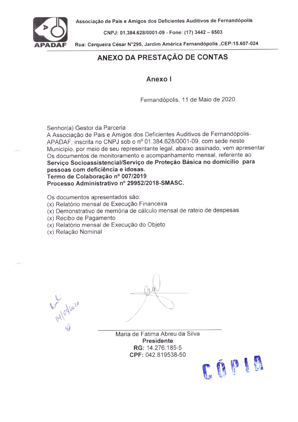 Página 1 de Prestação de Contas Mensal — Proteção Social Básica — Maio/2020