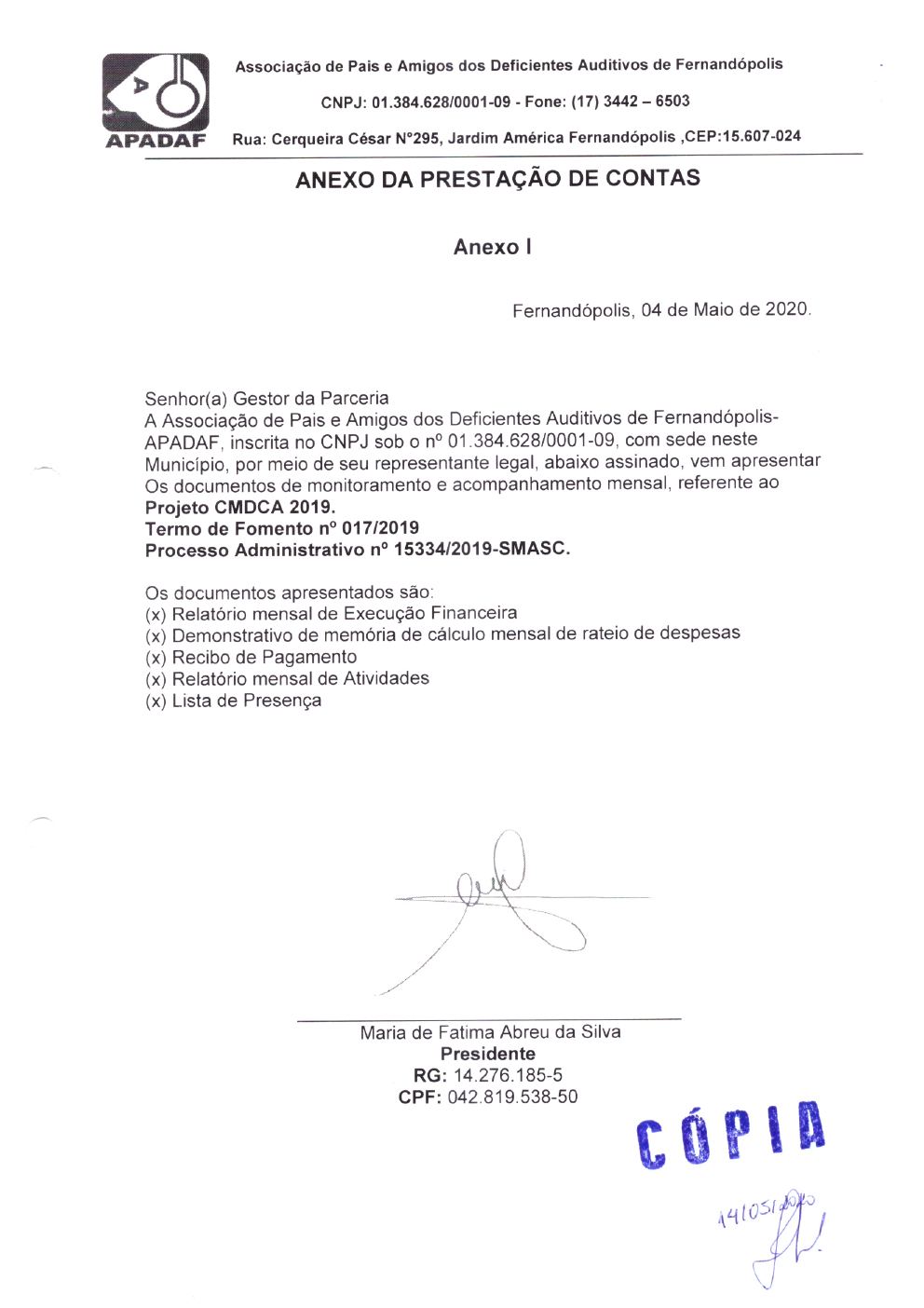 Página 1 de Prestação de Contas Mensal — Projeto CMDCA — 9ª Parcela — Maio/2020
