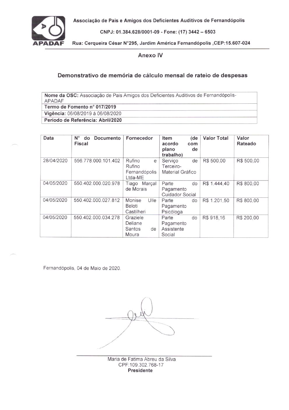 Página 4 de Prestação de Contas Mensal — Projeto CMDCA — 9ª Parcela — Maio/2020