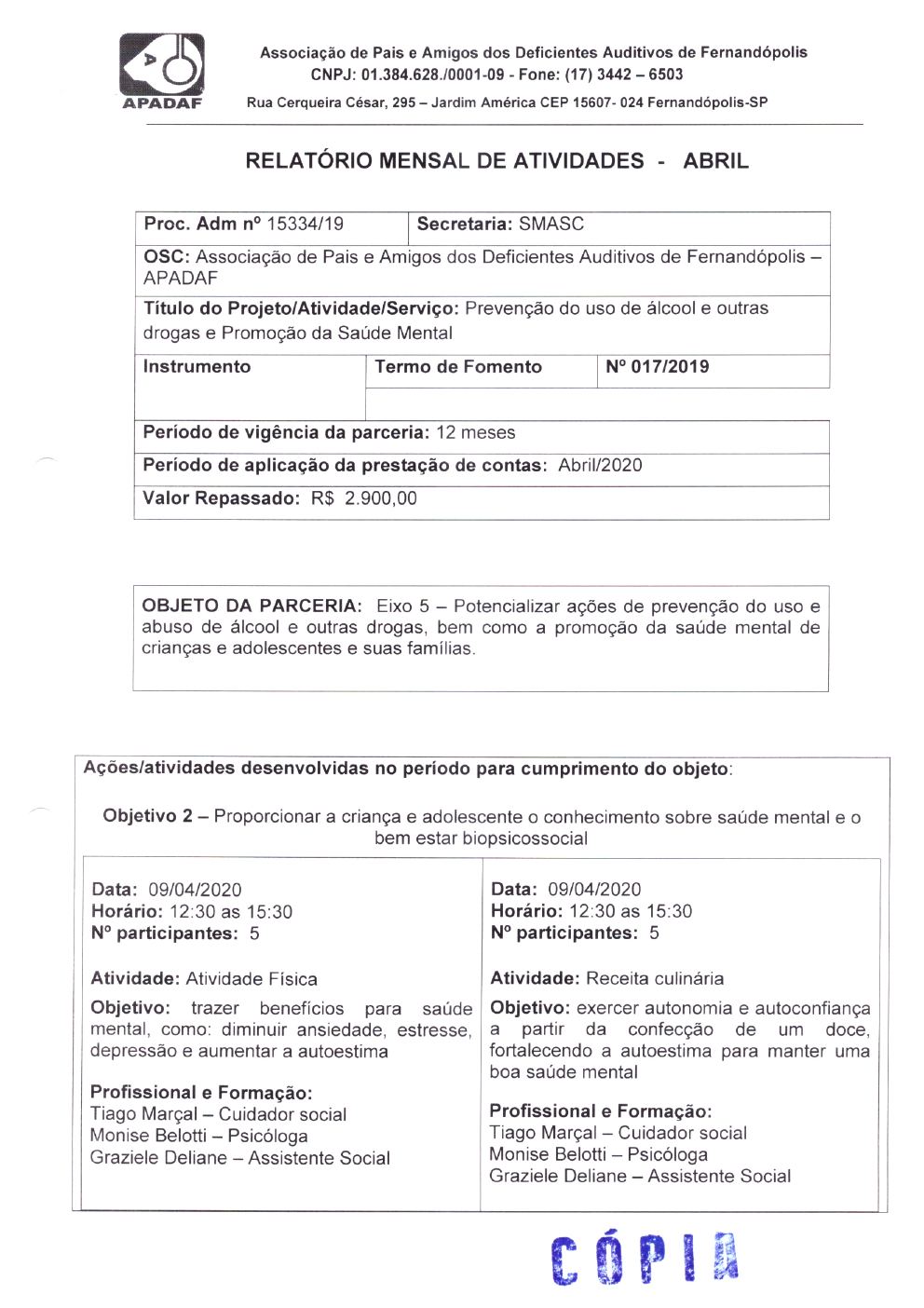 Página 6 de Prestação de Contas Mensal — Projeto CMDCA — 9ª Parcela — Maio/2020