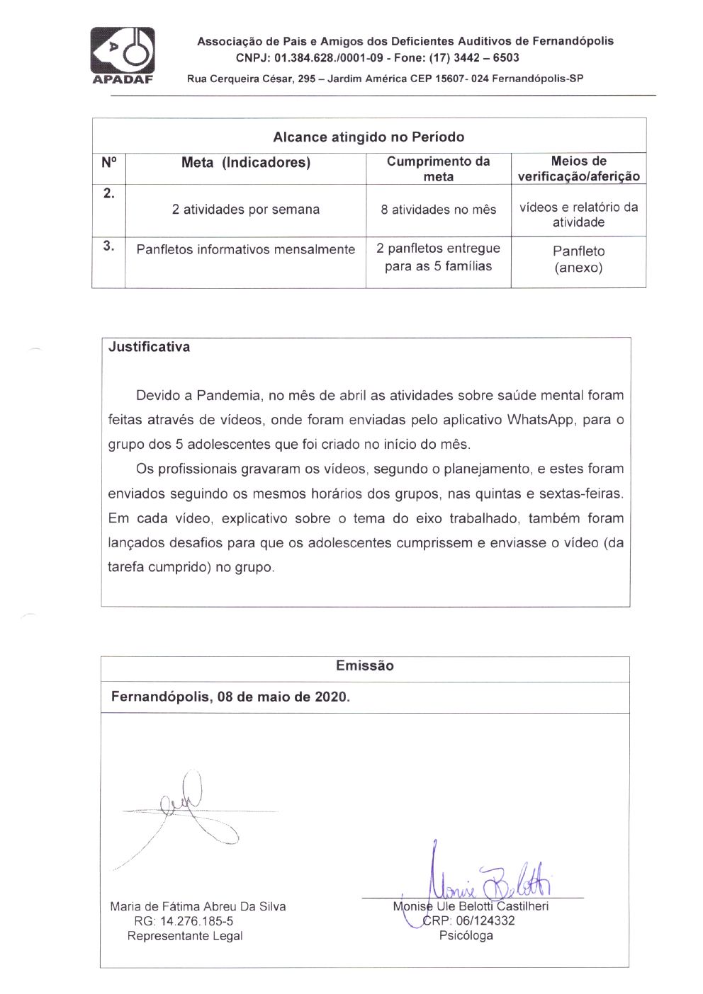 Página 8 de Prestação de Contas Mensal — Projeto CMDCA — 9ª Parcela — Maio/2020