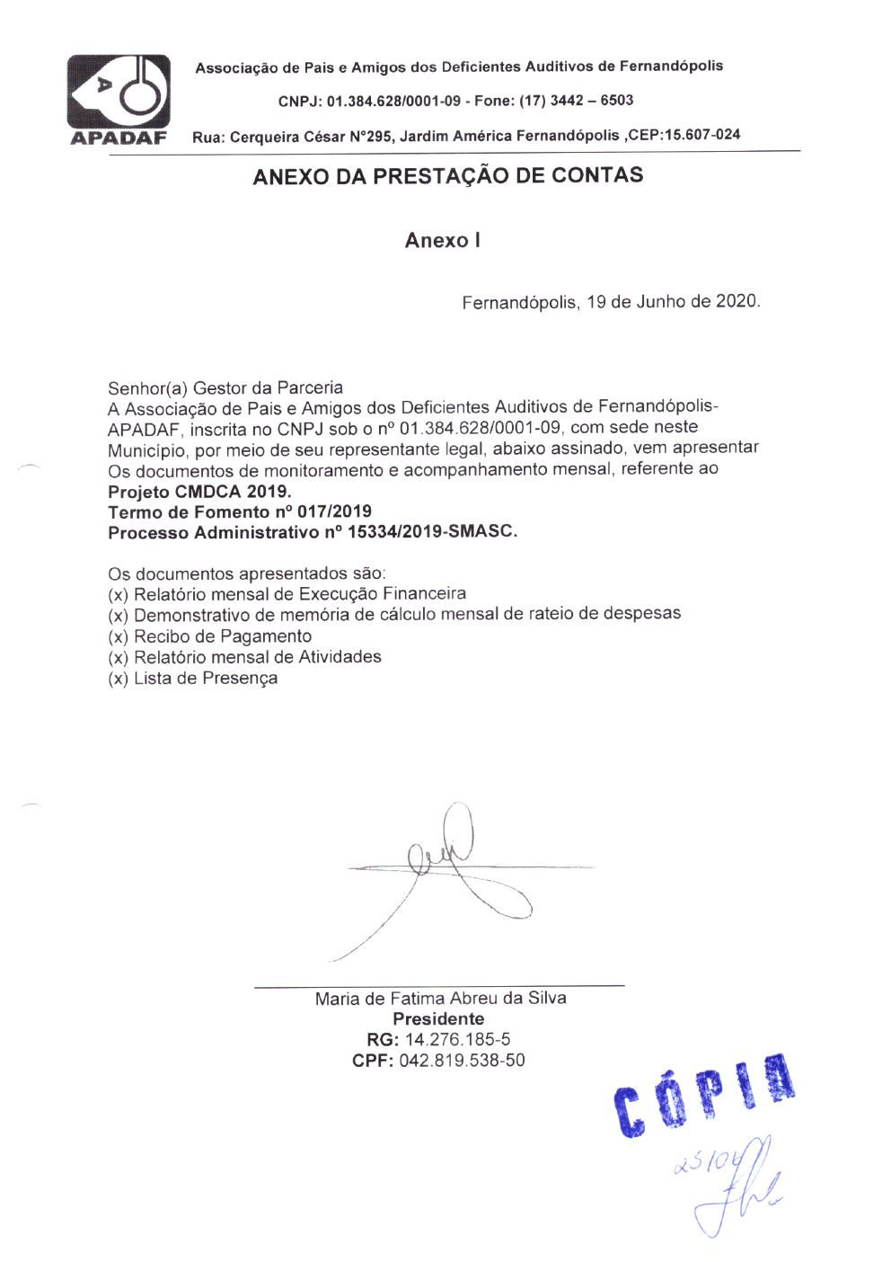 Página 1 de Prestação de Contas Mensal — Projeto CMDCA — 10ª Parcela — Junho/2020