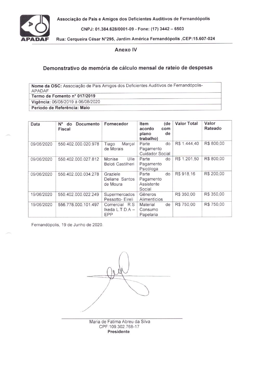 Página 2 de Prestação de Contas Mensal — Projeto CMDCA — 10ª Parcela — Junho/2020