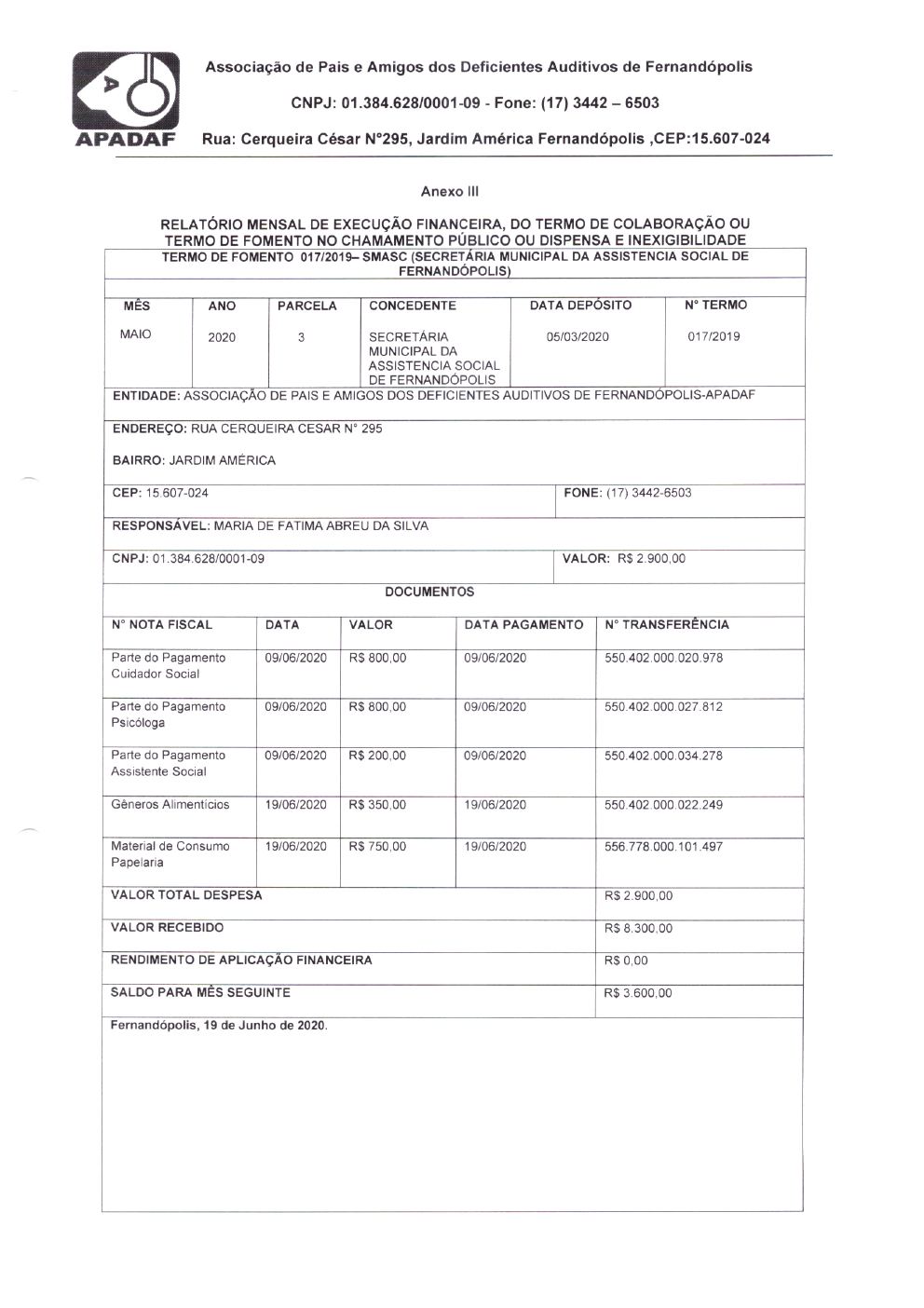 Página 3 de Prestação de Contas Mensal — Projeto CMDCA — 10ª Parcela — Junho/2020