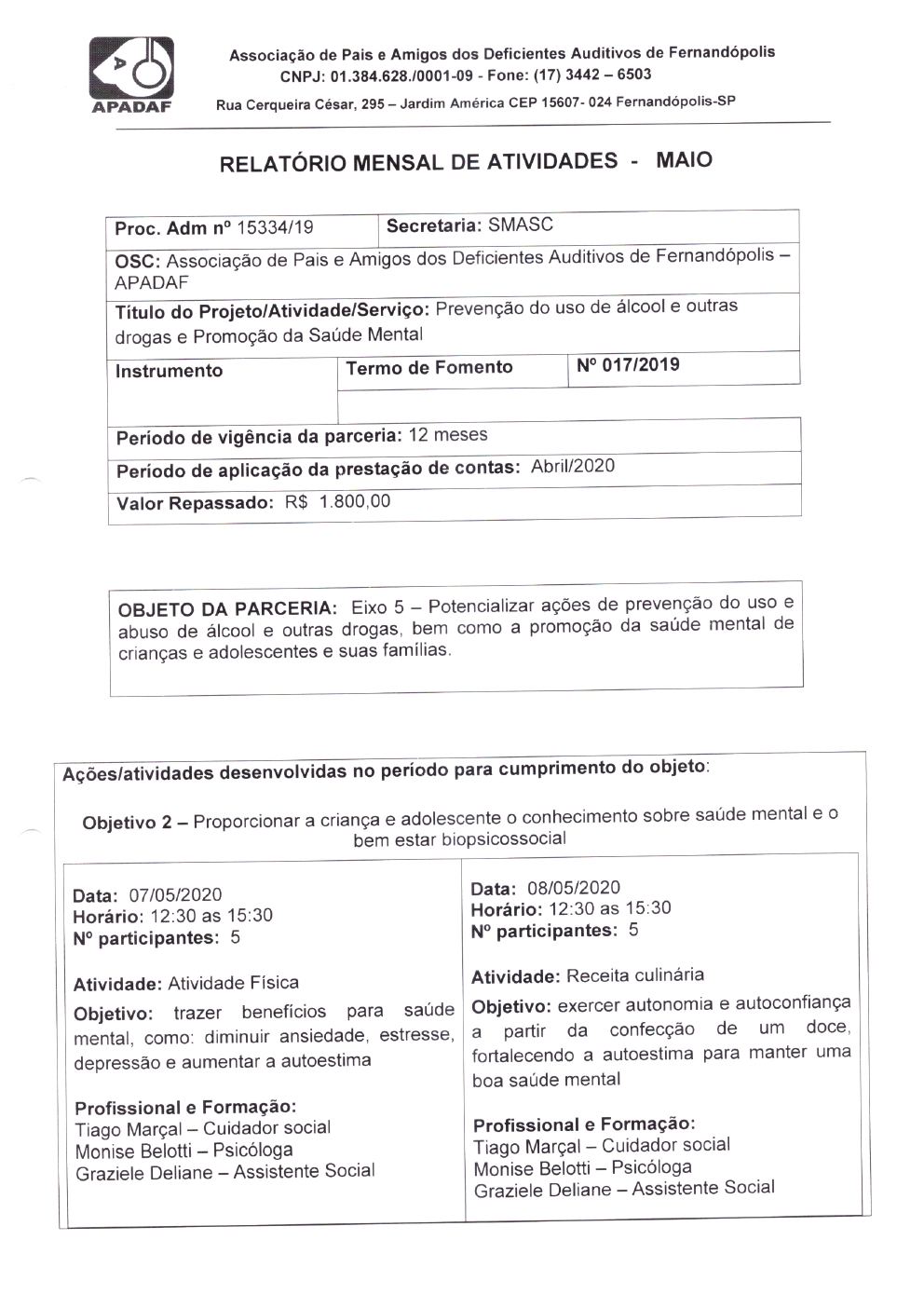 Página 5 de Prestação de Contas Mensal — Projeto CMDCA — 10ª Parcela — Junho/2020