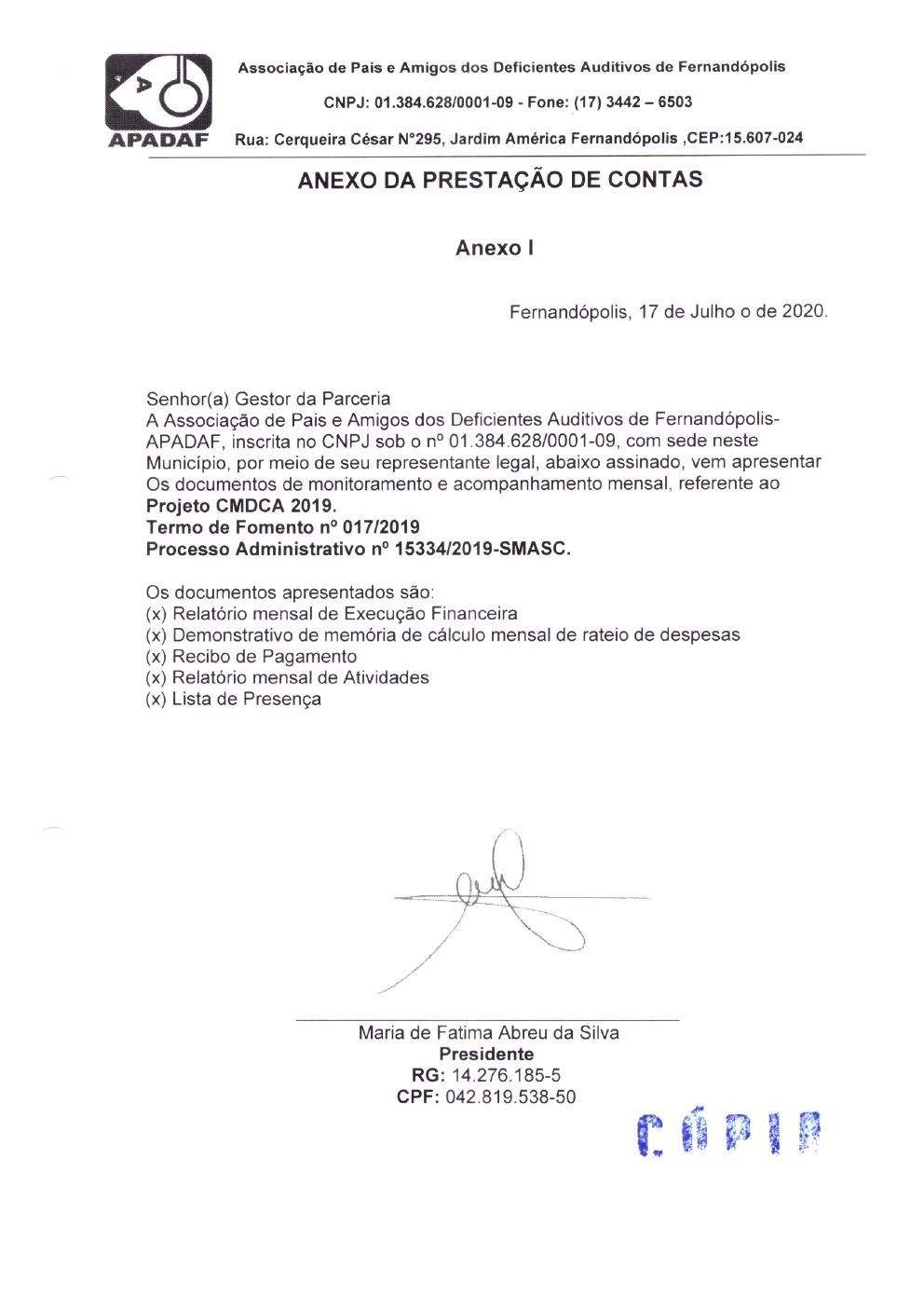 Página 1 de Prestação de Contas Mensal — Projeto CMDCA — 11ª Parcela — Julho/2020