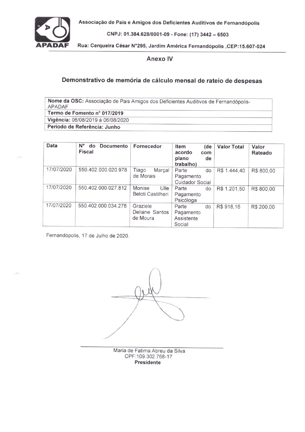 Página 2 de Prestação de Contas Mensal — Projeto CMDCA — 11ª Parcela — Julho/2020
