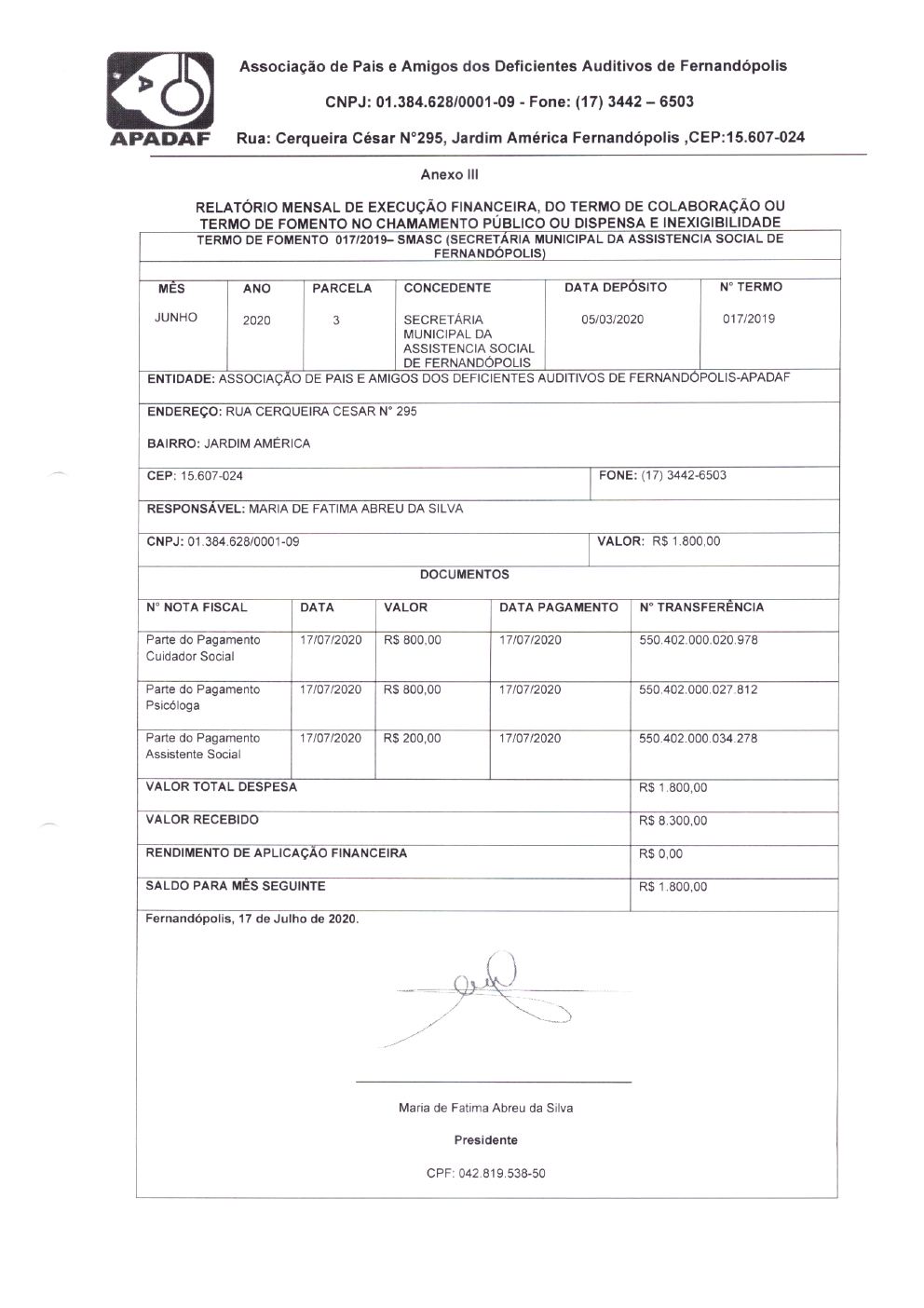 Página 3 de Prestação de Contas Mensal — Projeto CMDCA — 11ª Parcela — Julho/2020