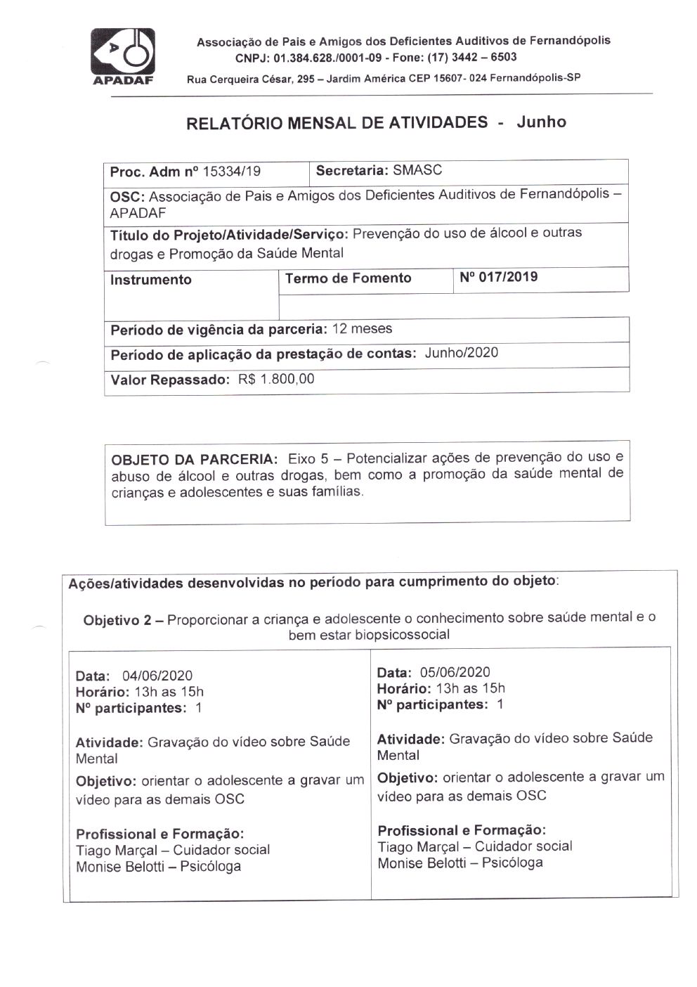 Página 4 de Prestação de Contas Mensal — Projeto CMDCA — 11ª Parcela — Julho/2020