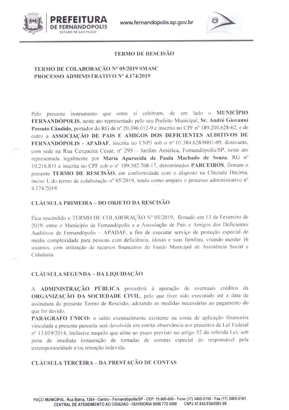 Página 1 de Termo de Rescisão — Termo de Colaboração nº 005/2019 — Média Complexidade — 2020