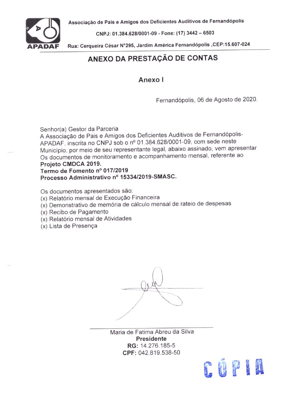 Página 1 de Prestação de Contas Mensal — Projeto CMDCA — 12ª Parcela — Agosto/2020