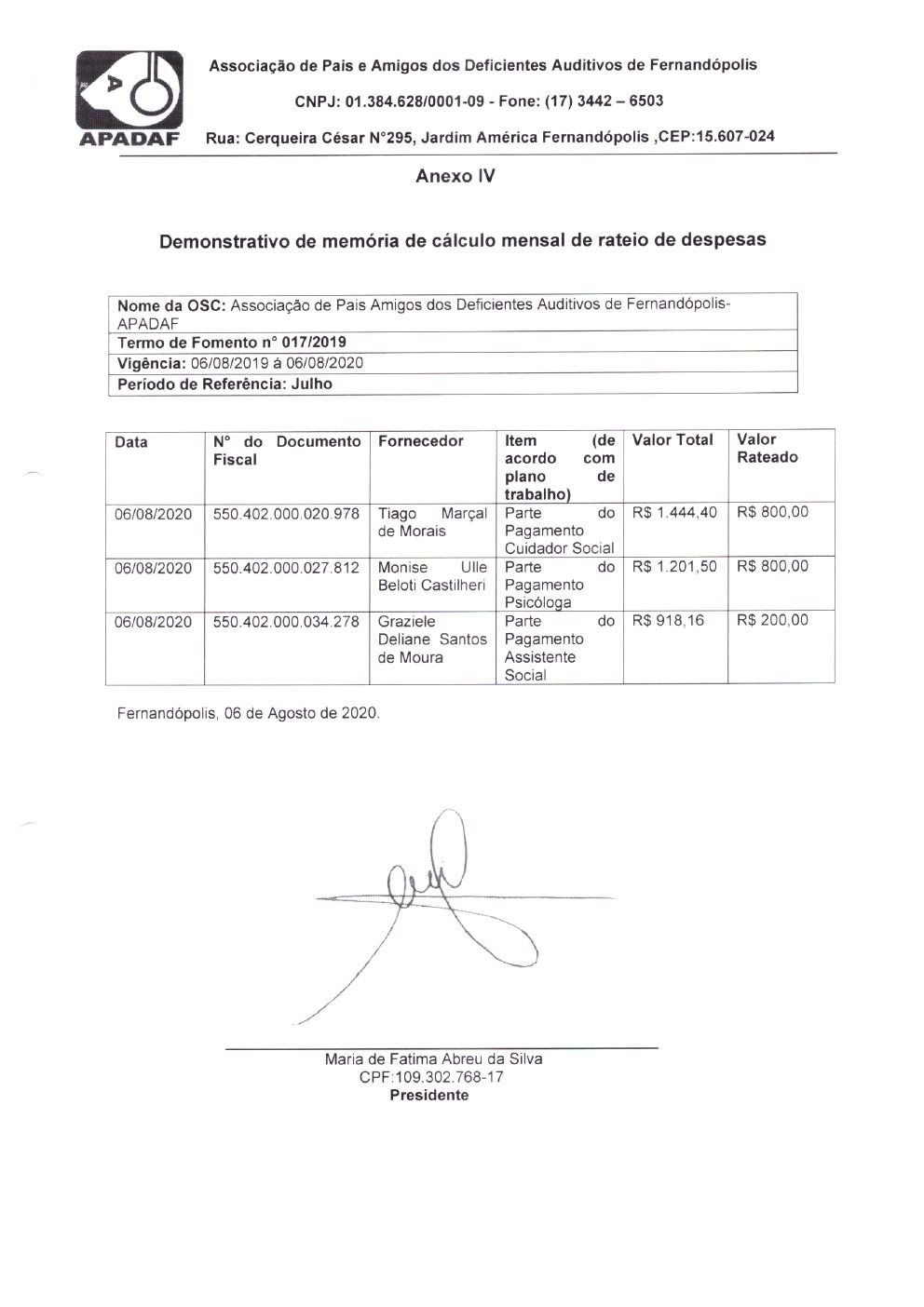 Página 2 de Prestação de Contas Mensal — Projeto CMDCA — 12ª Parcela — Agosto/2020