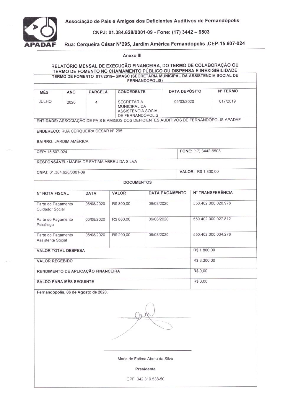 Página 3 de Prestação de Contas Mensal — Projeto CMDCA — 12ª Parcela — Agosto/2020