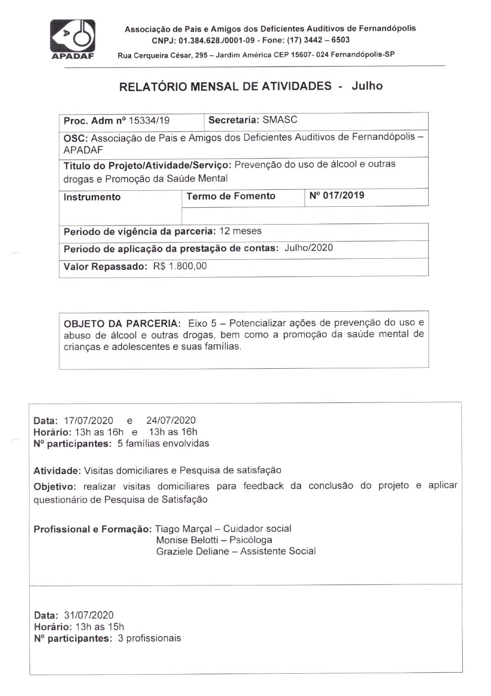 Página 4 de Prestação de Contas Mensal — Projeto CMDCA — 12ª Parcela — Agosto/2020