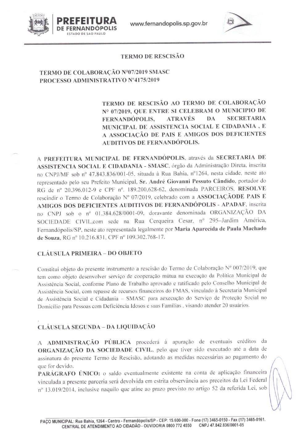 Página 1 de Termo de Rescisão — Termo de Colaboração nº 007/2019 — Proteção Social Básica — 2020